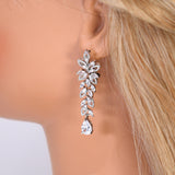 CZ The Bride’s Song in Silver Petals Necklace, Long Bridal Jewelry, Bridal Earrings And Necklace, Statement Earrings CZ Necklace Set.