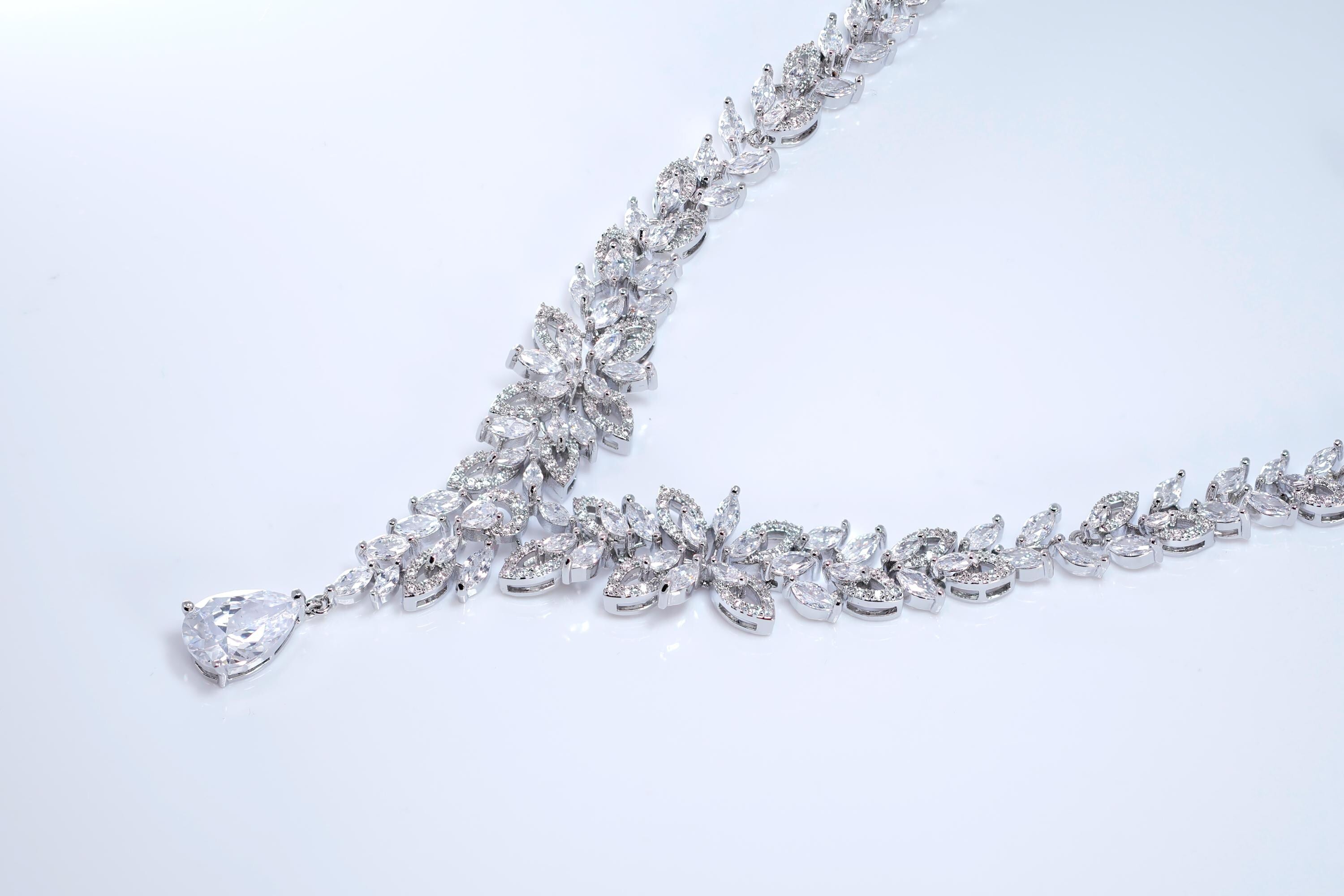 CZ The Bride’s Song in Silver Petals Necklace, Long Bridal Jewelry, Bridal Earrings And Necklace, Statement Earrings CZ Necklace Set.