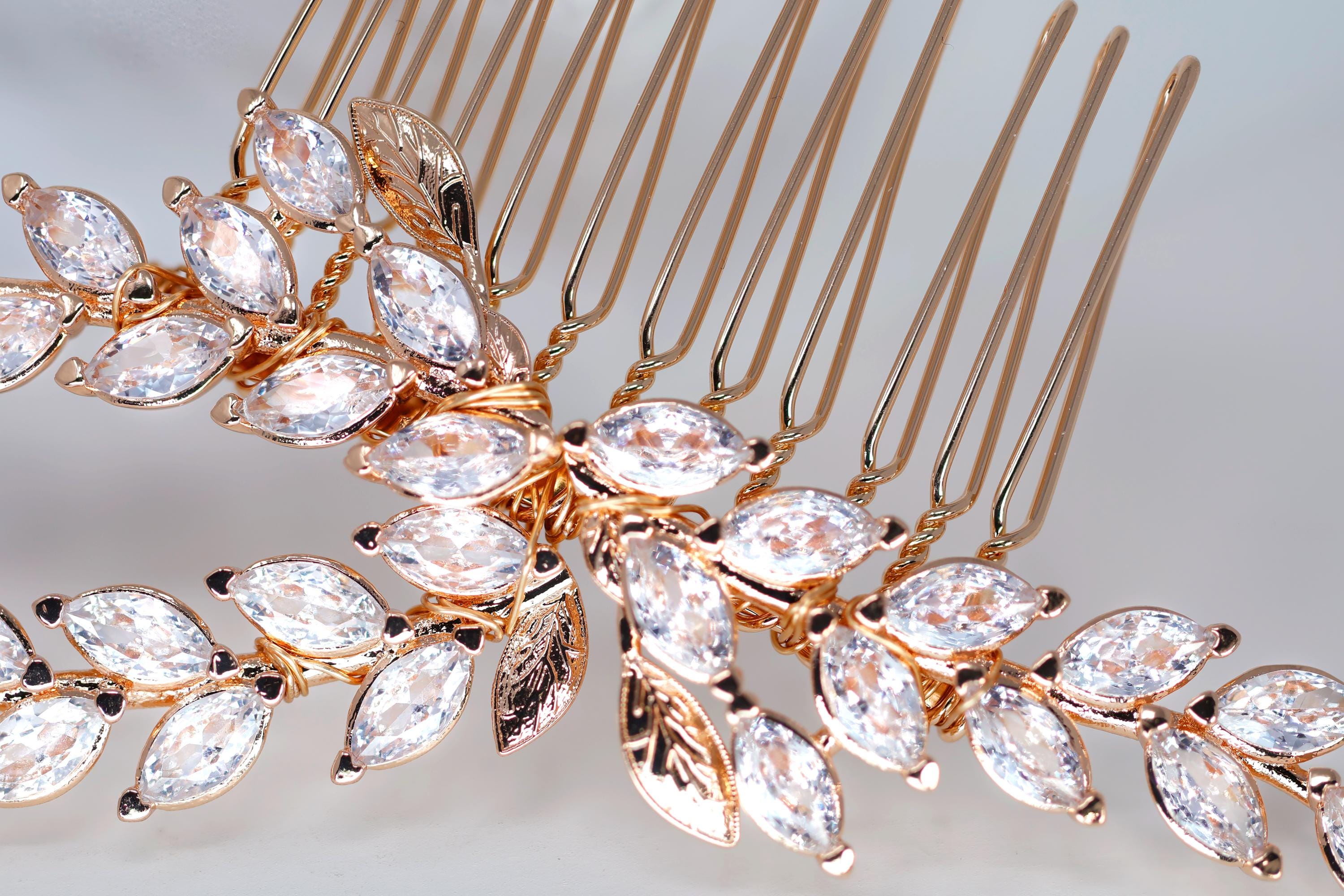 Cubic Zirconia, Diamond Golden Leaves Whisper Bridal Hair Comb, Vine Hair Piece, Bridal Hair Accessories, Wedding Hair Accessory