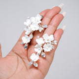 Swarovski Porcelain Ceramic White Sparkling Flower Crystal Magnolia Bridal Earrings, Long Bridal Jewelry, Statement Earrings Cz