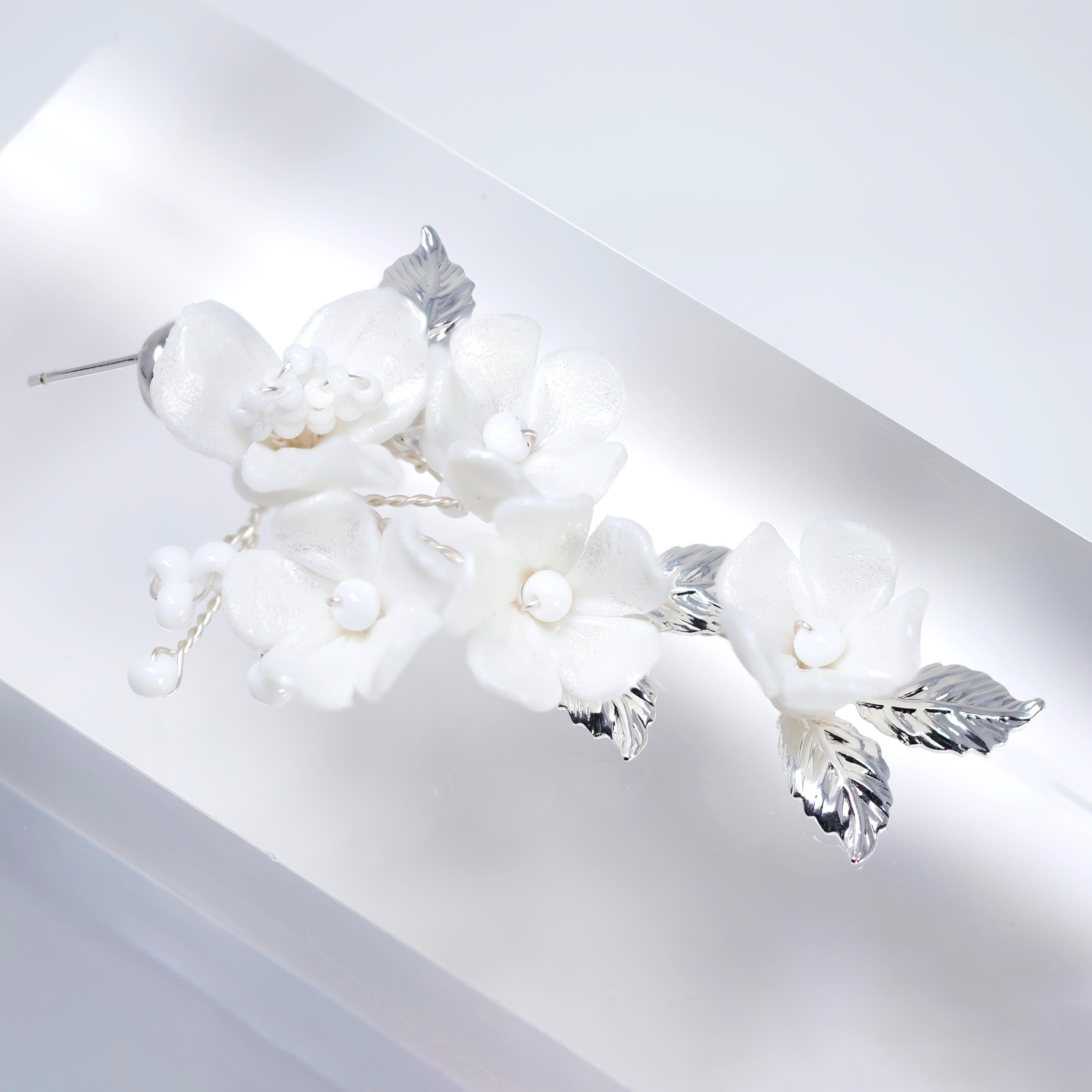 Swarovski Porcelain Ceramic White Sparkling Flower Crystal Magnolia Bridal Earrings, Long Bridal Jewelry, Statement Earrings Cz