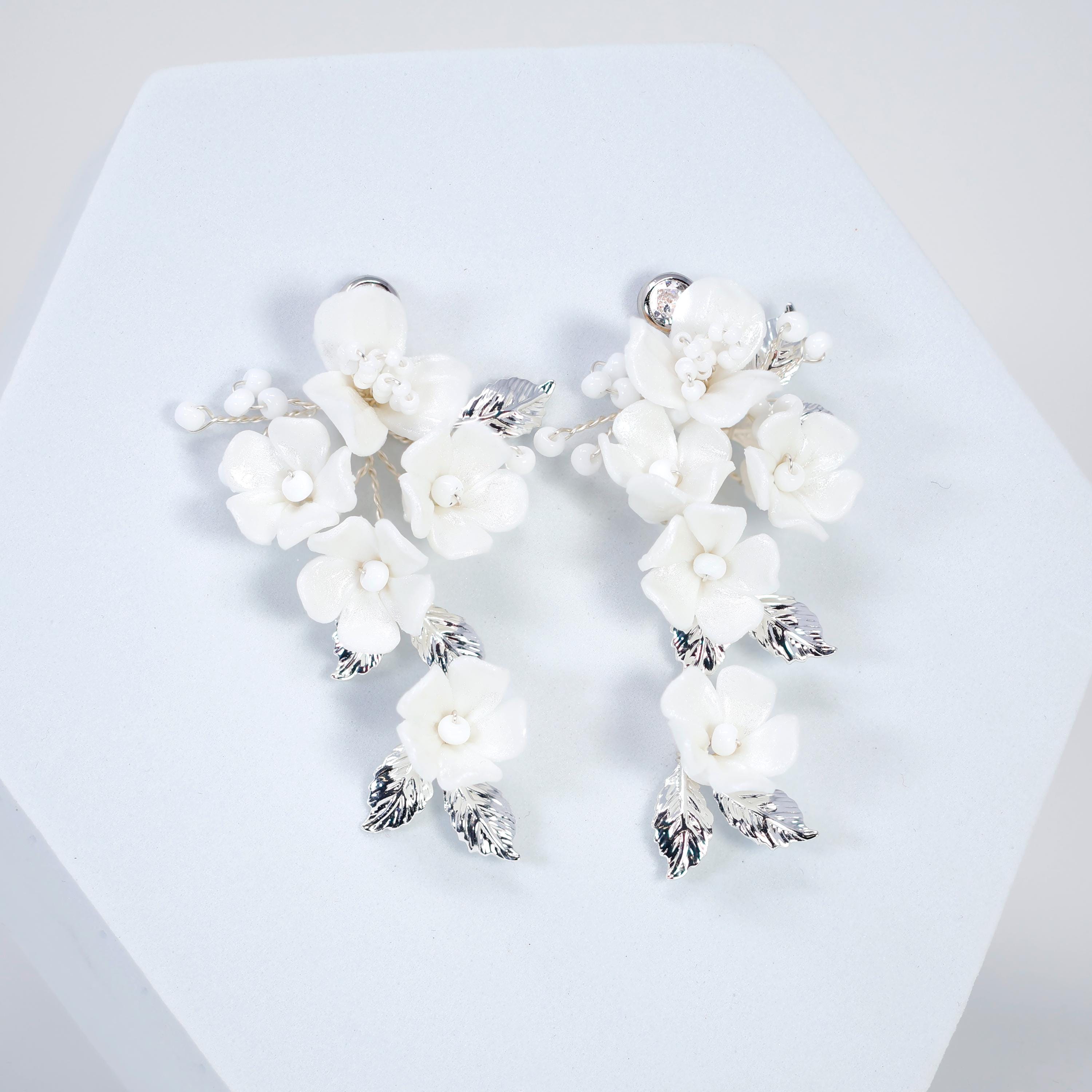 Swarovski Porcelain Ceramic White Sparkling Flower Crystal Magnolia Bridal Earrings, Long Bridal Jewelry, Statement Earrings Cz
