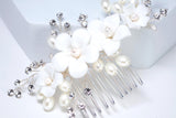 Crystals and Ceramic White flower Faux Pearl Ivory Starlight Hair comb, Bridal Hair piece, Bridal Hair Accessories, Wedding Hair Accessory.