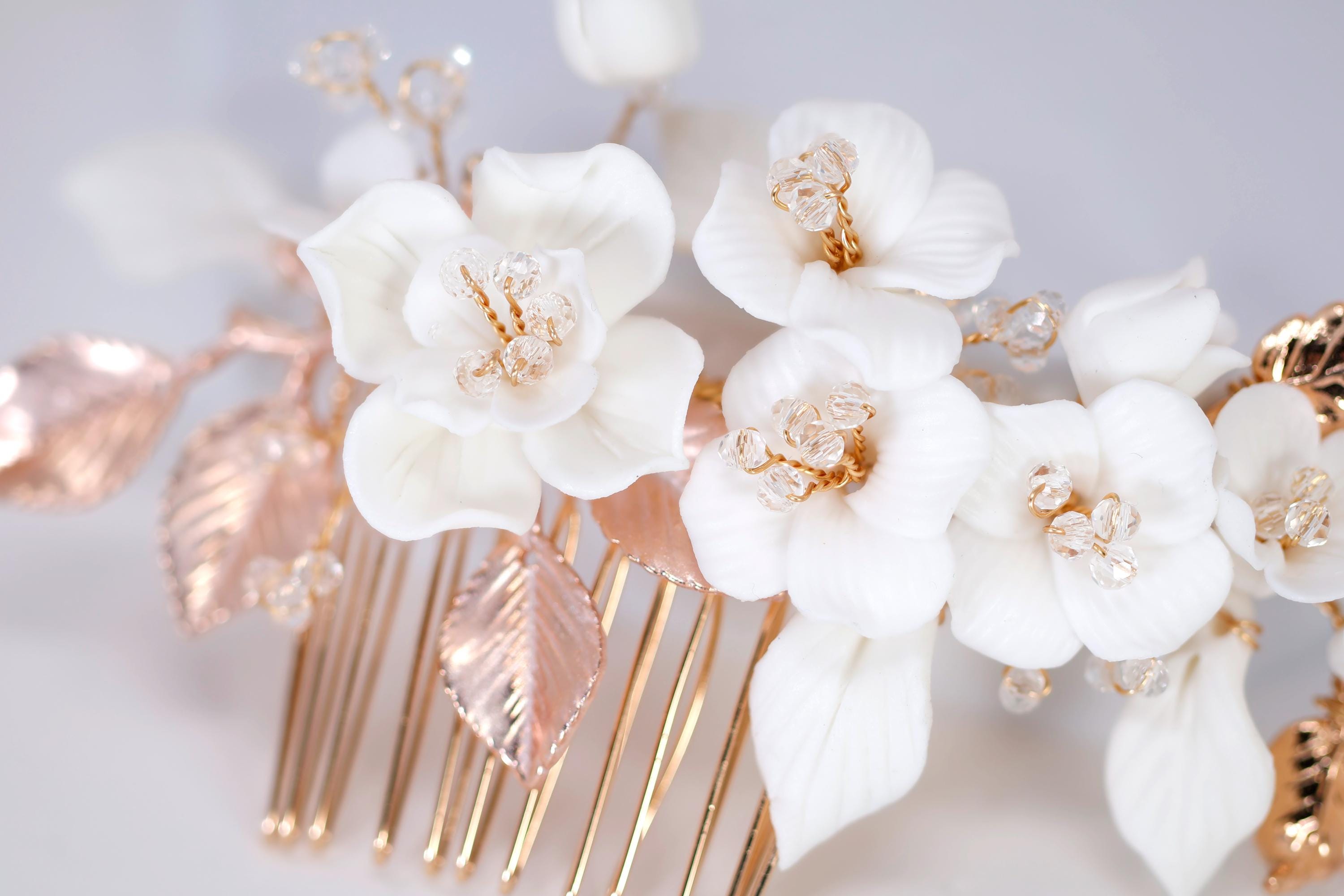 Ceramic White Flowers Seraphina Rose Comb Hair comb, Bridal Gold Finish Hair Piece, Bridal Hair Accessories, Wedding Hair Accessory.