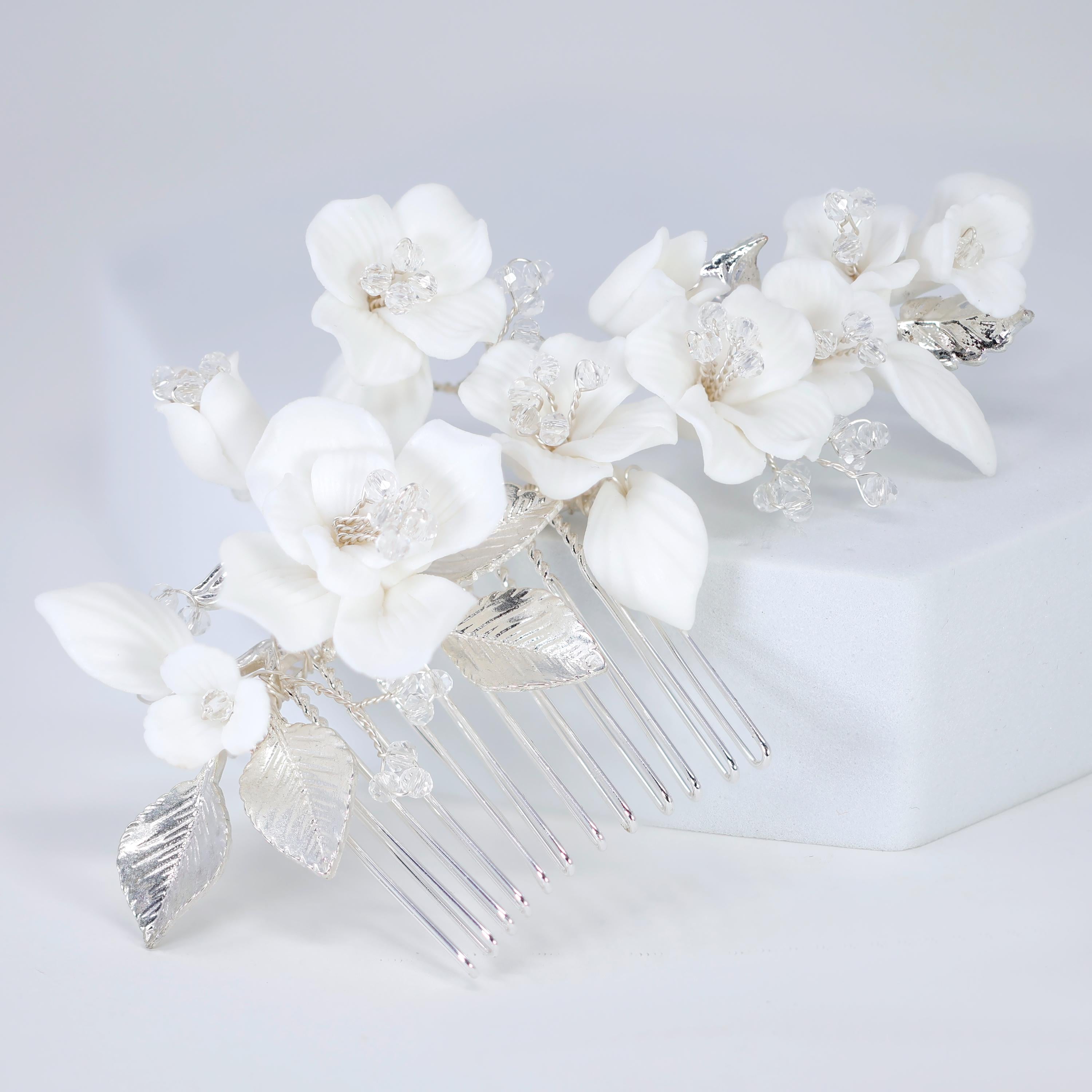 Ceramic White Flowers Seraphina Rose Comb Hair comb, Bridal Gold Finish Hair Piece, Bridal Hair Accessories, Wedding Hair Accessory.