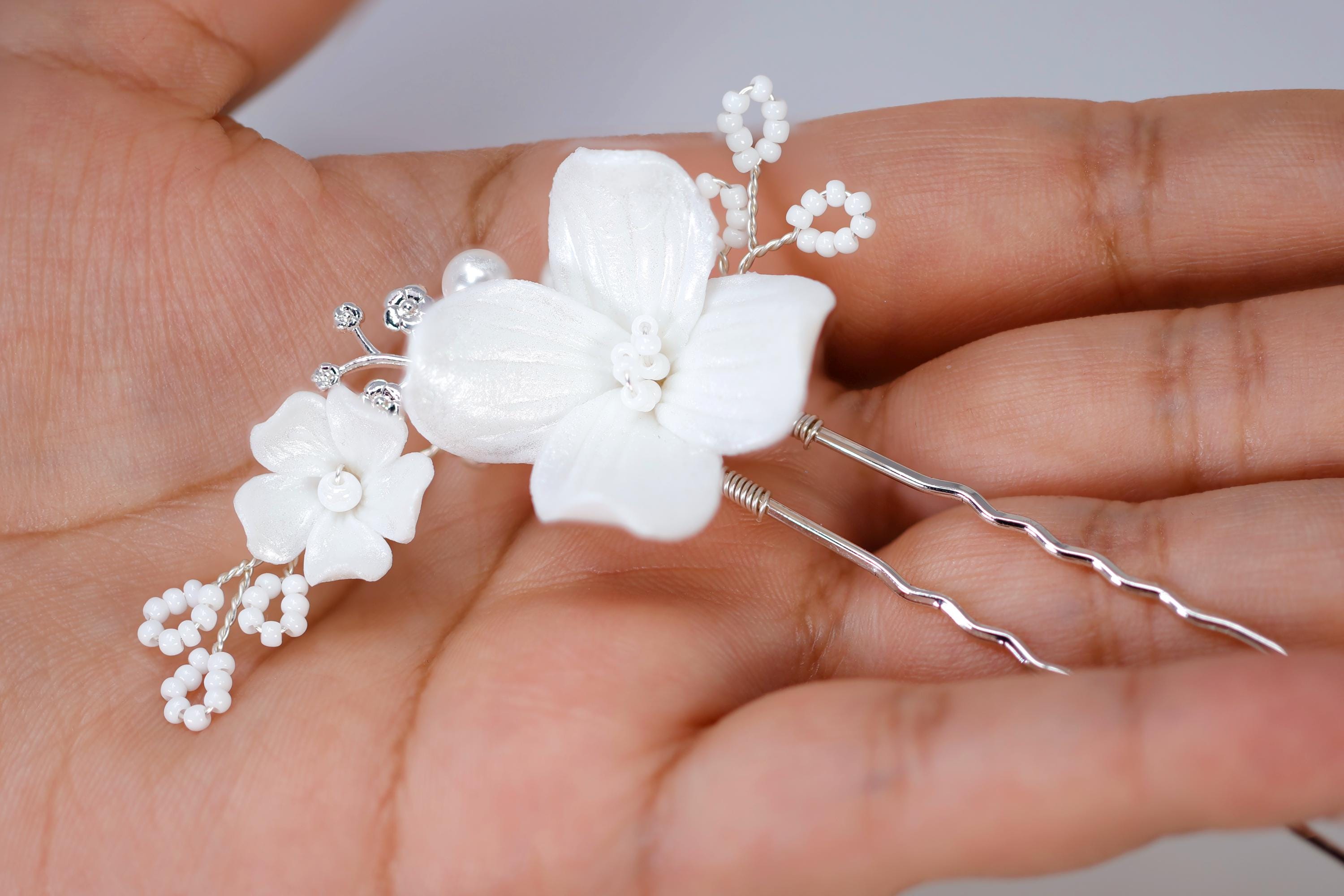 Porcelain White Floral Vine Shimmering Winter Lily Hair Pins Set of 2 , Ceramic Hair pins Set, Bridal Hair Accessories