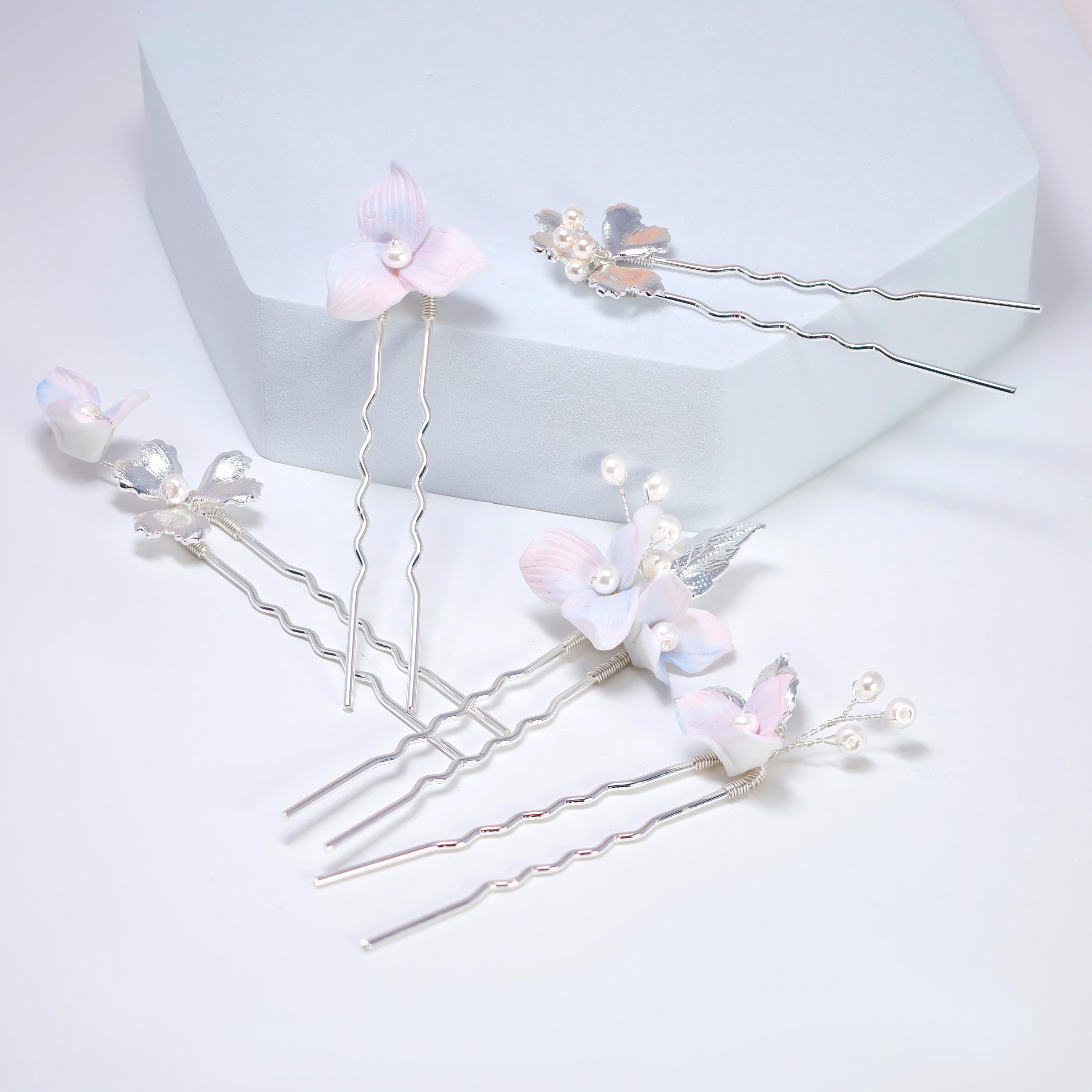 Porcelain Floral Set Of 5 Faux Pearl Lavender Poise Hair Pins Set , Ceramic Hair pins Set, Bridal Hair Accessories