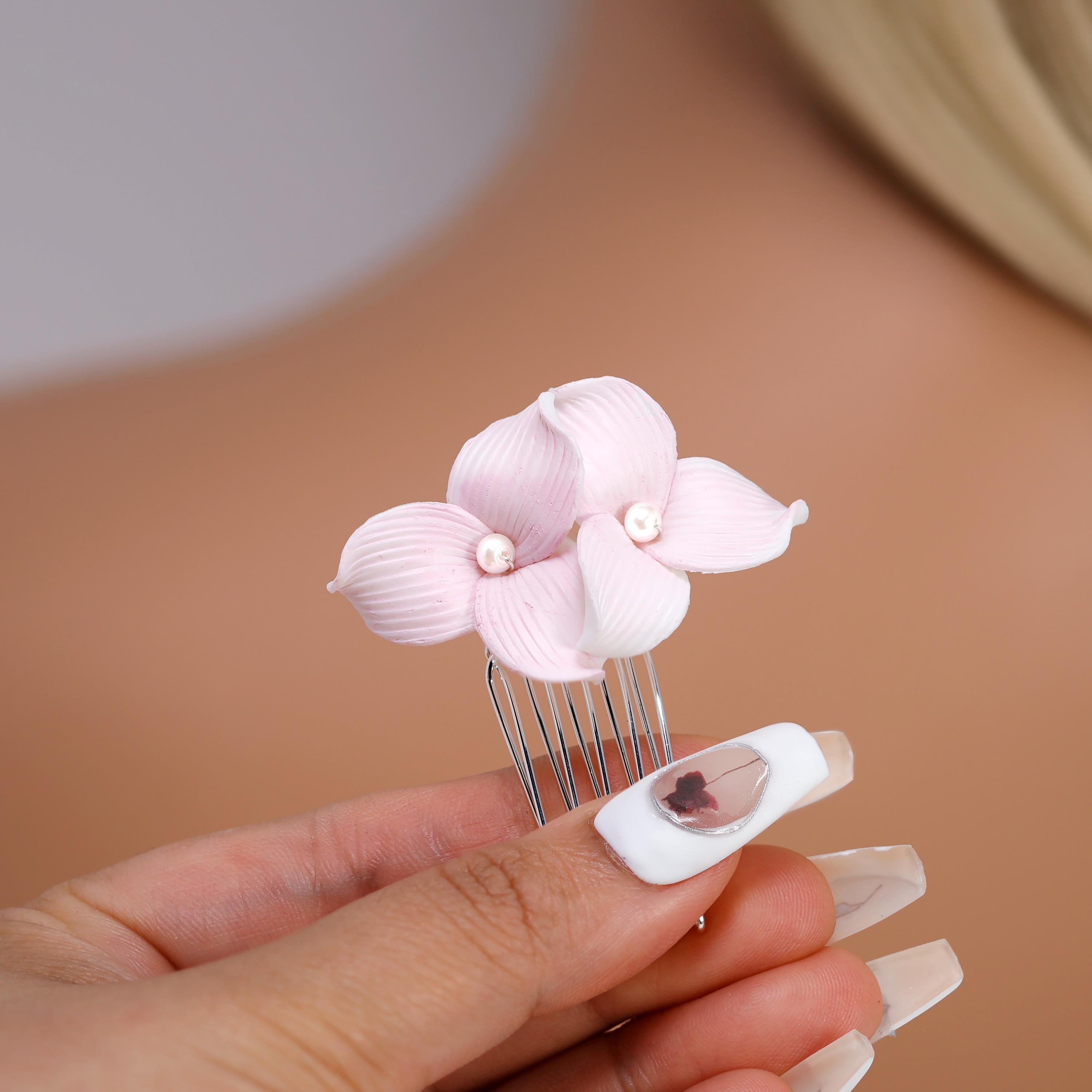 Porcelain Floral Faux Pearl Pastel Bloom Hair Comb, Ceramic Hair pins Set, Bridal Hair Accessories