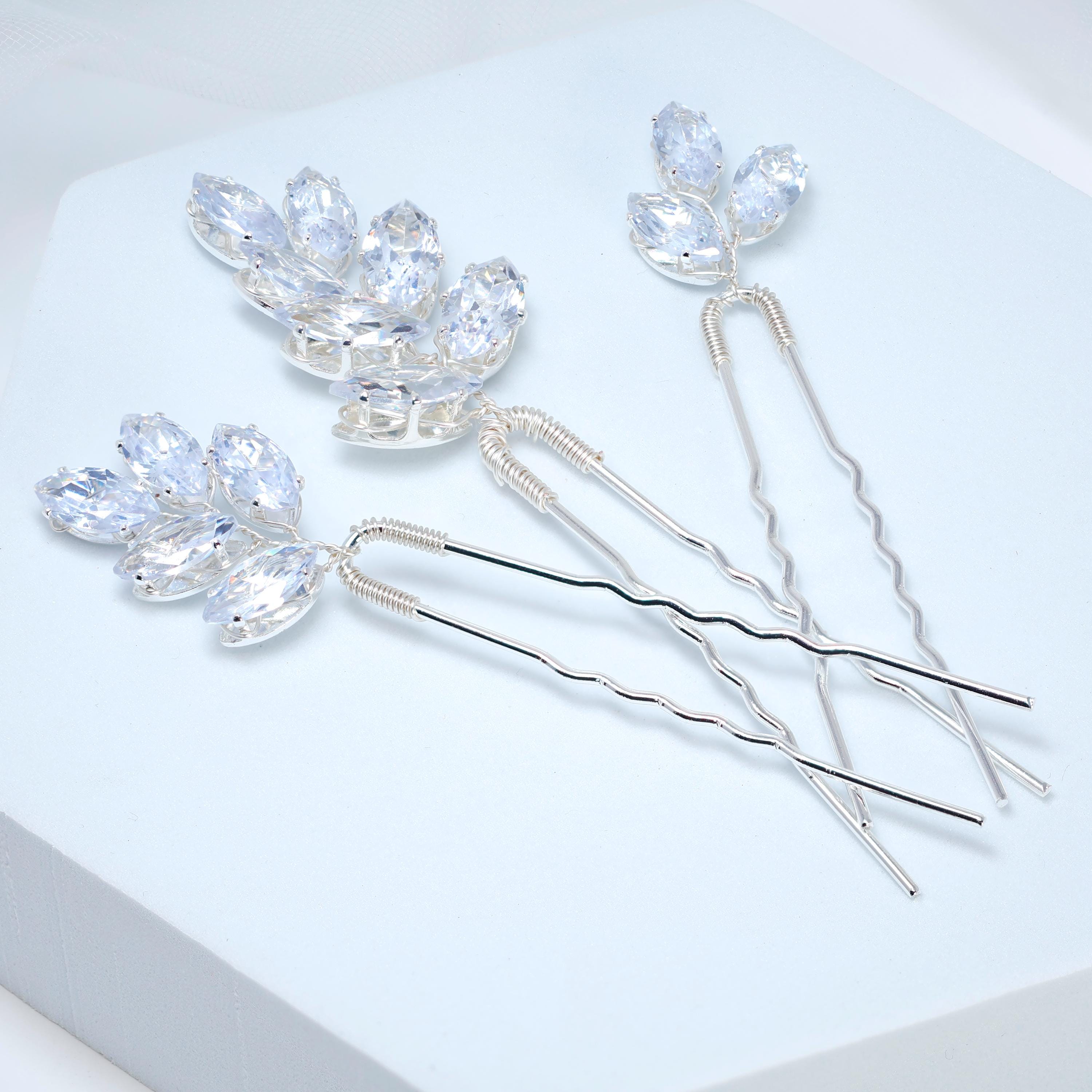 CZ Leafy Tails Set of 3 Hair Pins , Swarovski Hair pins Set, Bridal Hair Accessories, Gift For Her