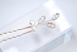CZ Sparkling Leaves In Pearly Garden Set of 2 Hair Pins , Swarovski Hair pins Set, Bridal Hair Accessories, Pearl hair pins, Gift For Her