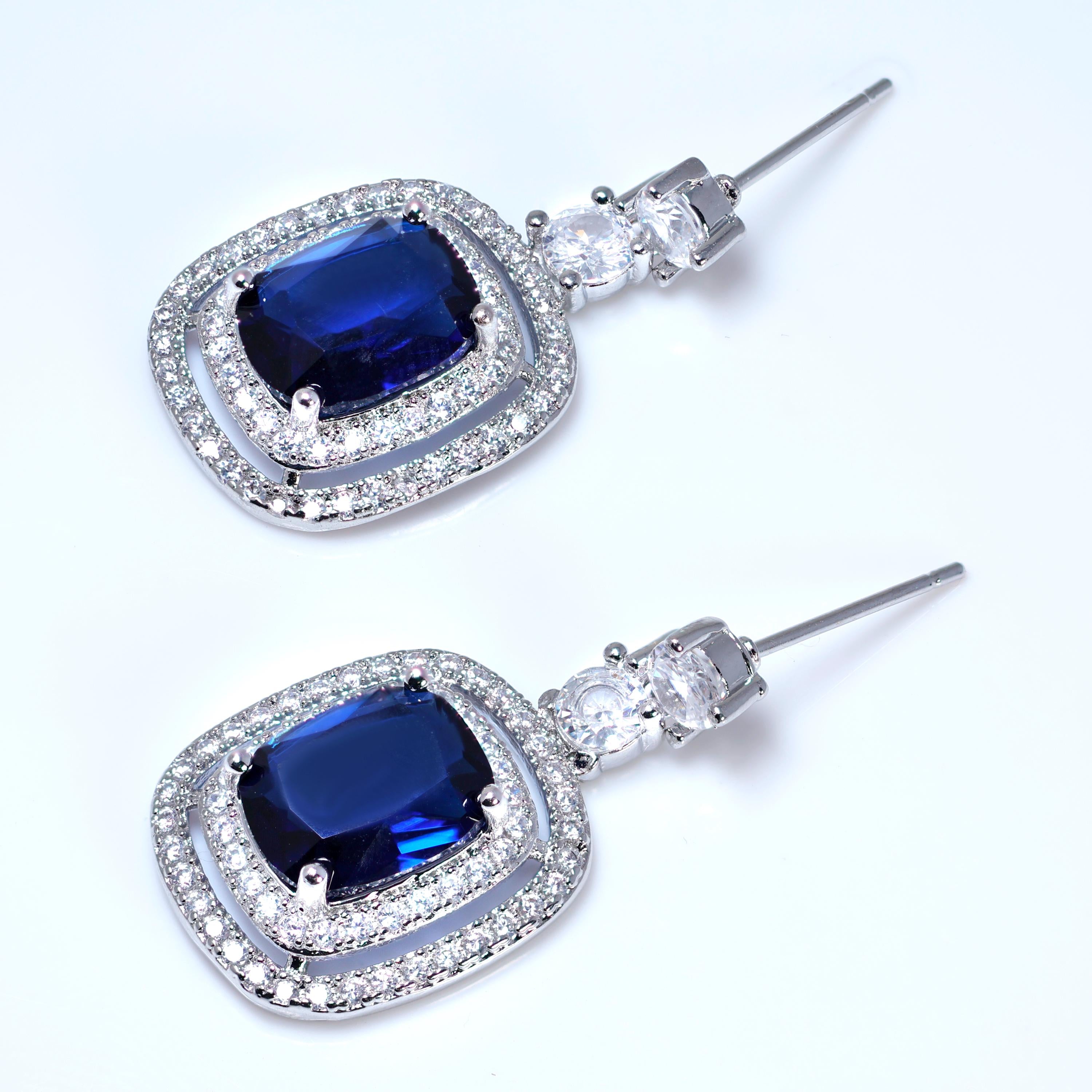 Royal Blue Majestic Aurora CZ Diamond Dangle Earrings, Bridal Jewelry, cushion cut Bridal Earrings, Crystal Statement Earrings Cz