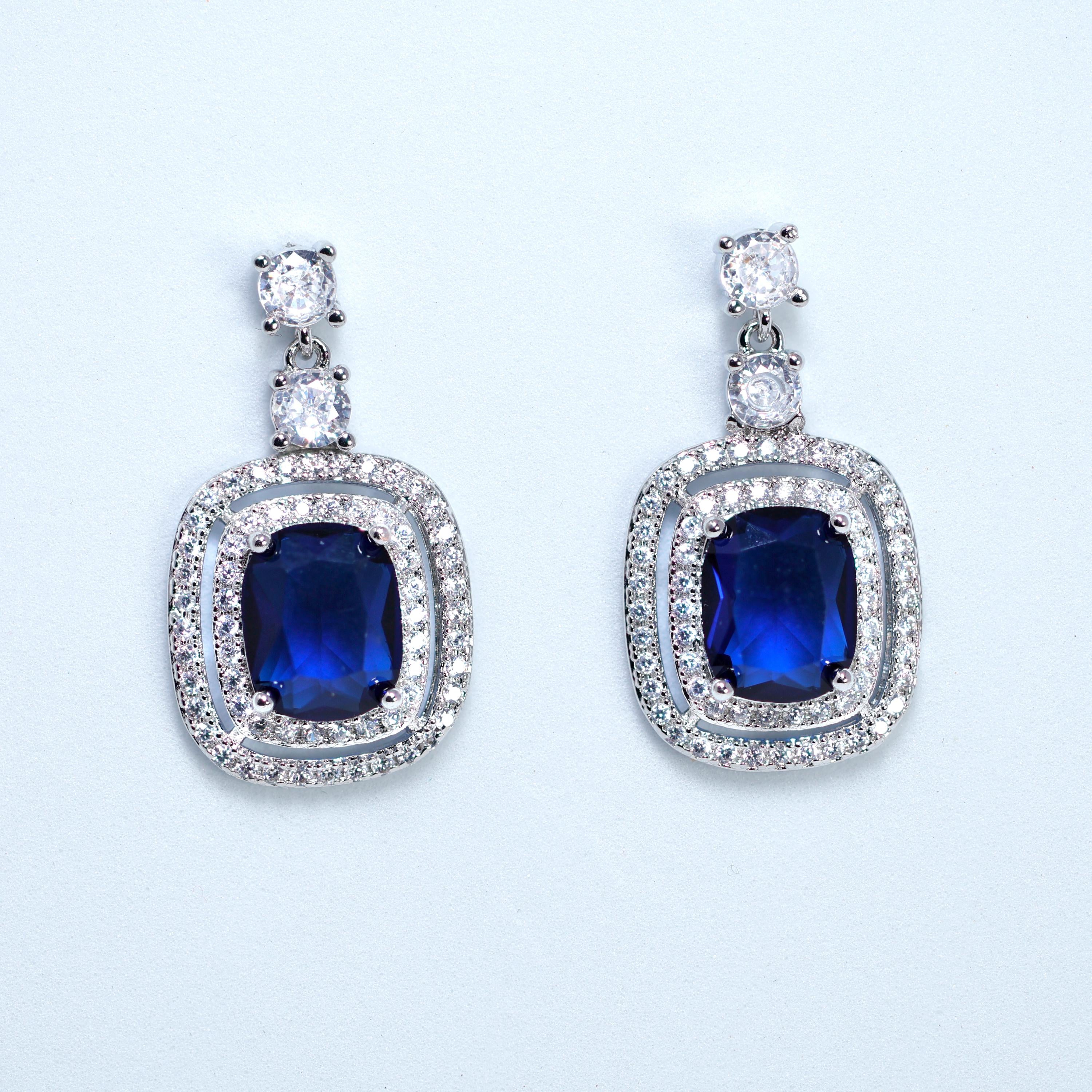 Royal Blue Majestic Aurora CZ Diamond Dangle Earrings, Bridal Jewelry, cushion cut Bridal Earrings, Crystal Statement Earrings Cz
