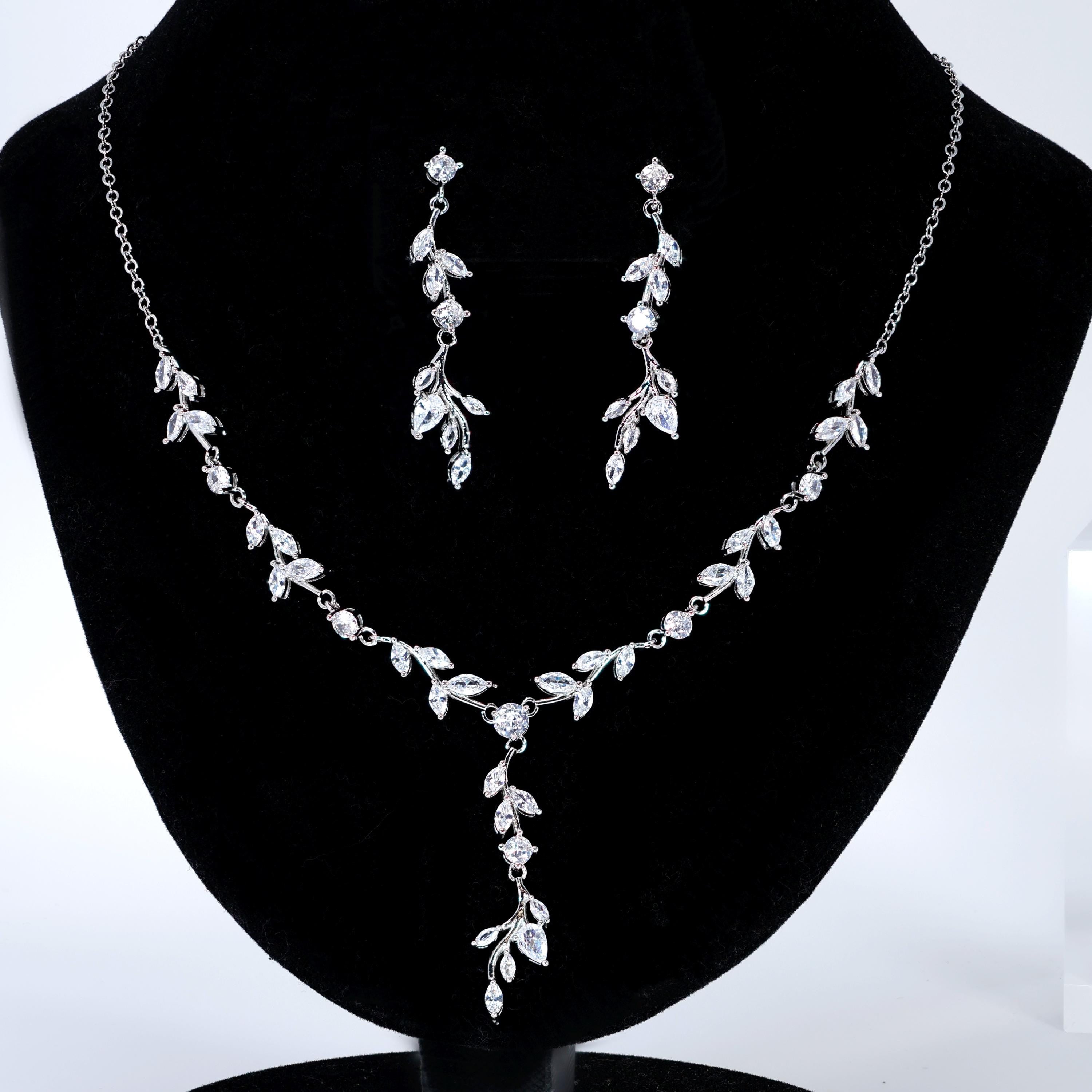 CZ Whispers of a Crystal Garden Necklace Set, Long Bridal Jewelry, Bridal Earrings And Necklace, Statement Earrings Cz Necklace Set.
