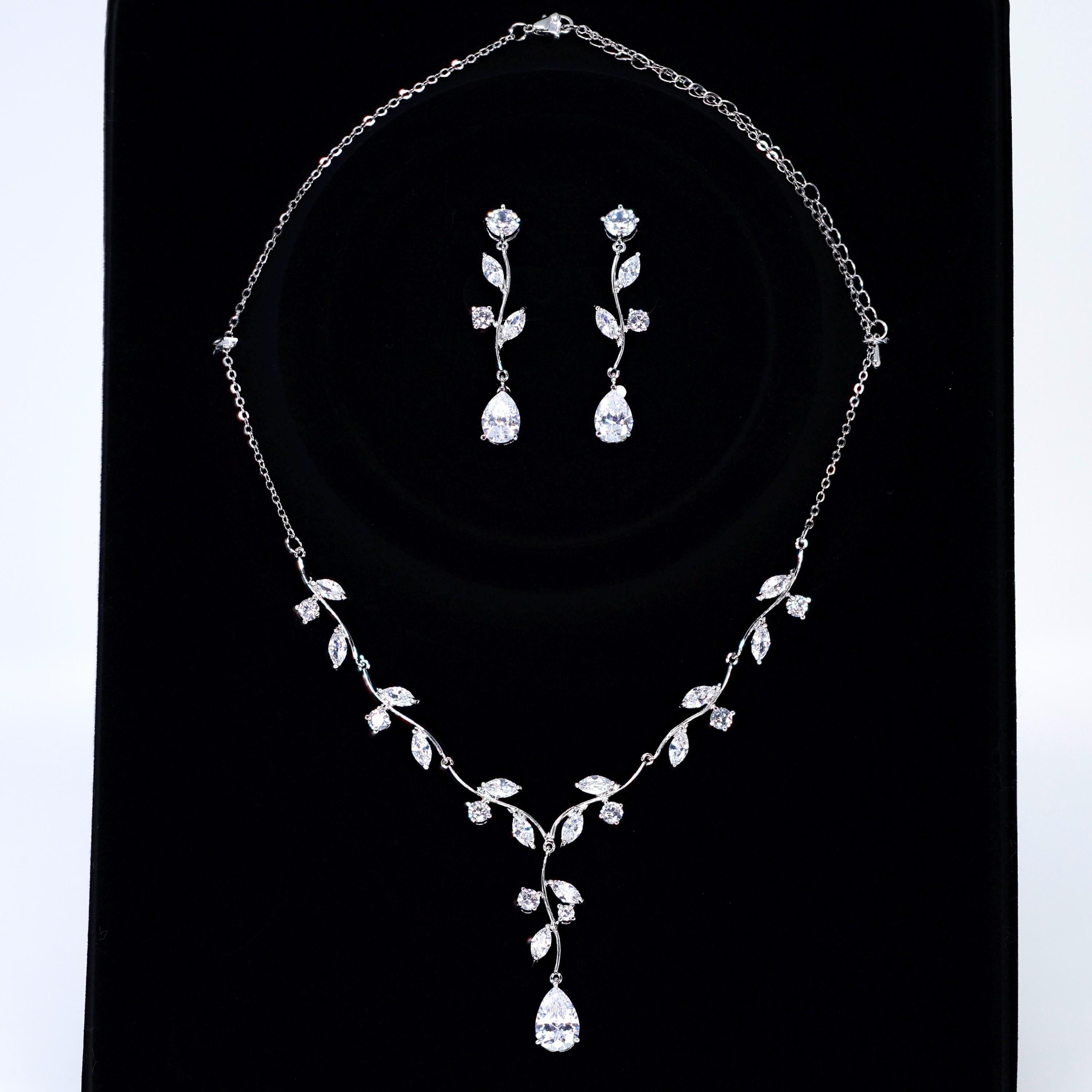 CZ Echoes of the Enchanted Vine Necklace Set, Long Bridal Jewelry, Bridal Earrings And Necklace, Statement Earrings Cz Necklace Set.