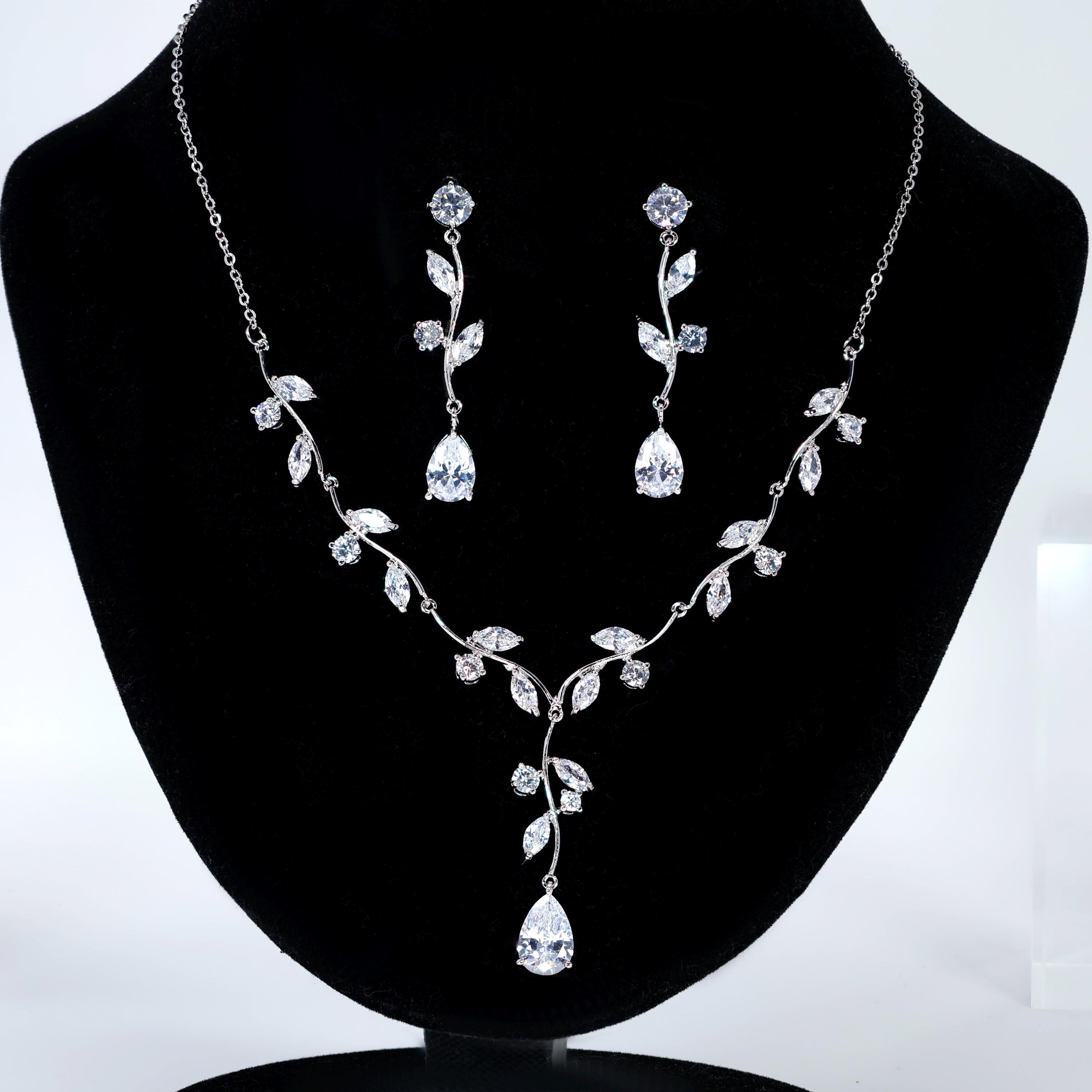 CZ Echoes of the Enchanted Vine Necklace Set, Long Bridal Jewelry, Bridal Earrings And Necklace, Statement Earrings Cz Necklace Set.