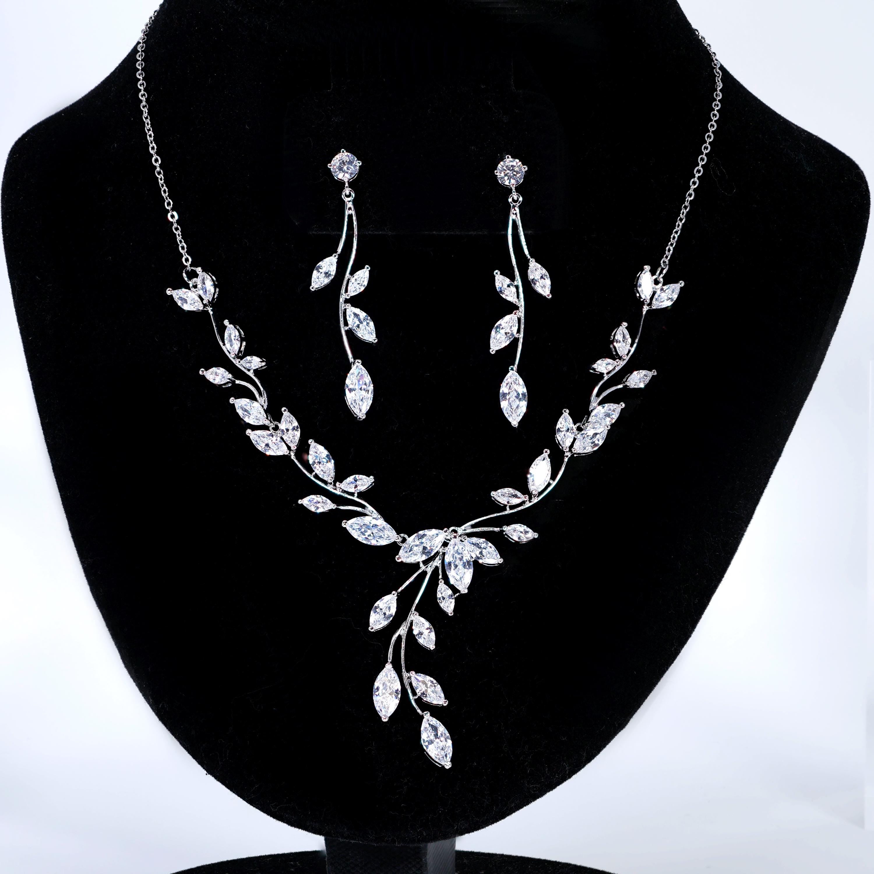 CZ Leaves Dancing with Light Necklace Set, Long Bridal Jewelry, Bridal Earrings And Necklace, Statement Earrings Cz Necklace Set.