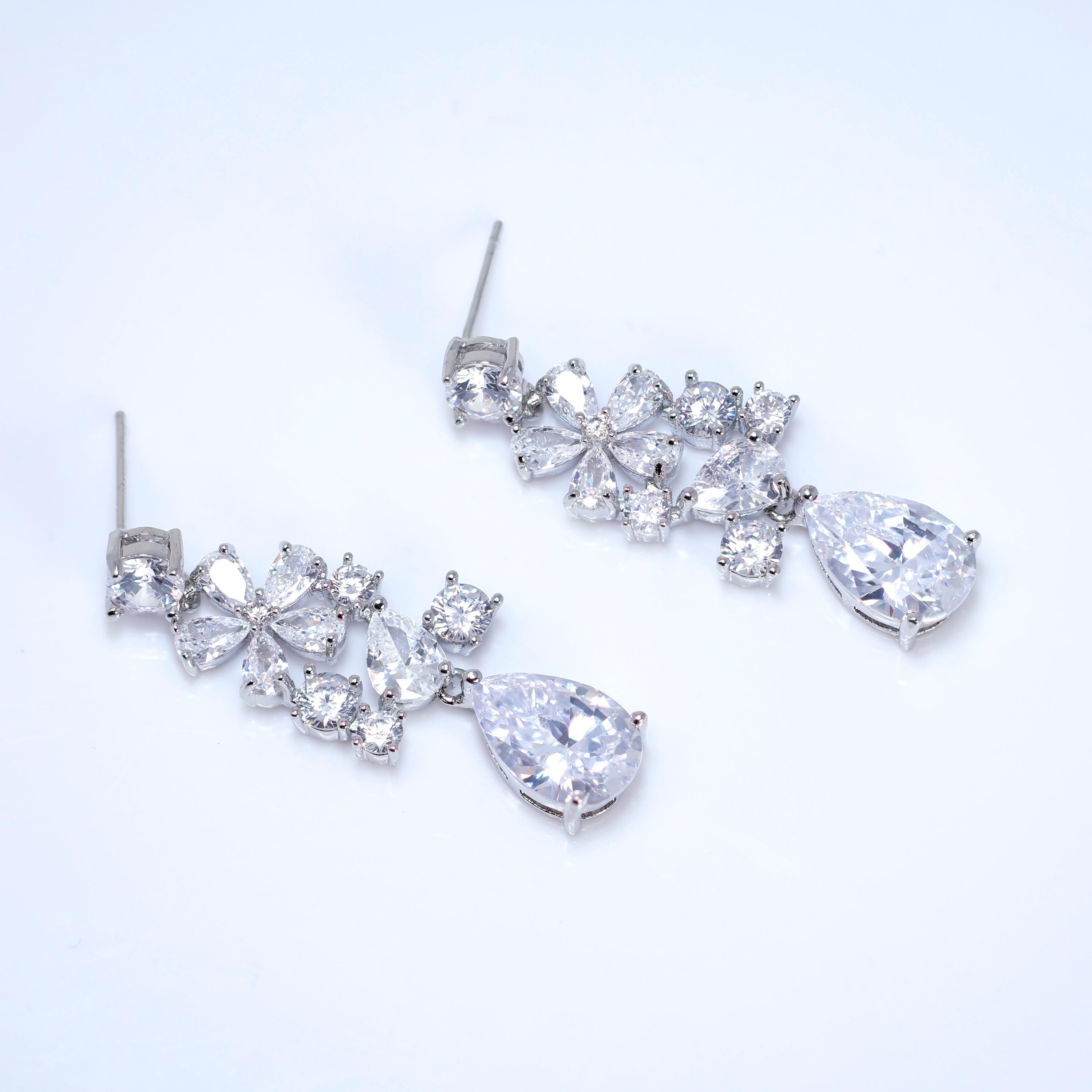 CZ Floral Wishes in a Crystal Dawn Necklace, Long Bridal Jewelry, Bridal Earrings And Necklace, Statement Earrings Cz Necklace Set.