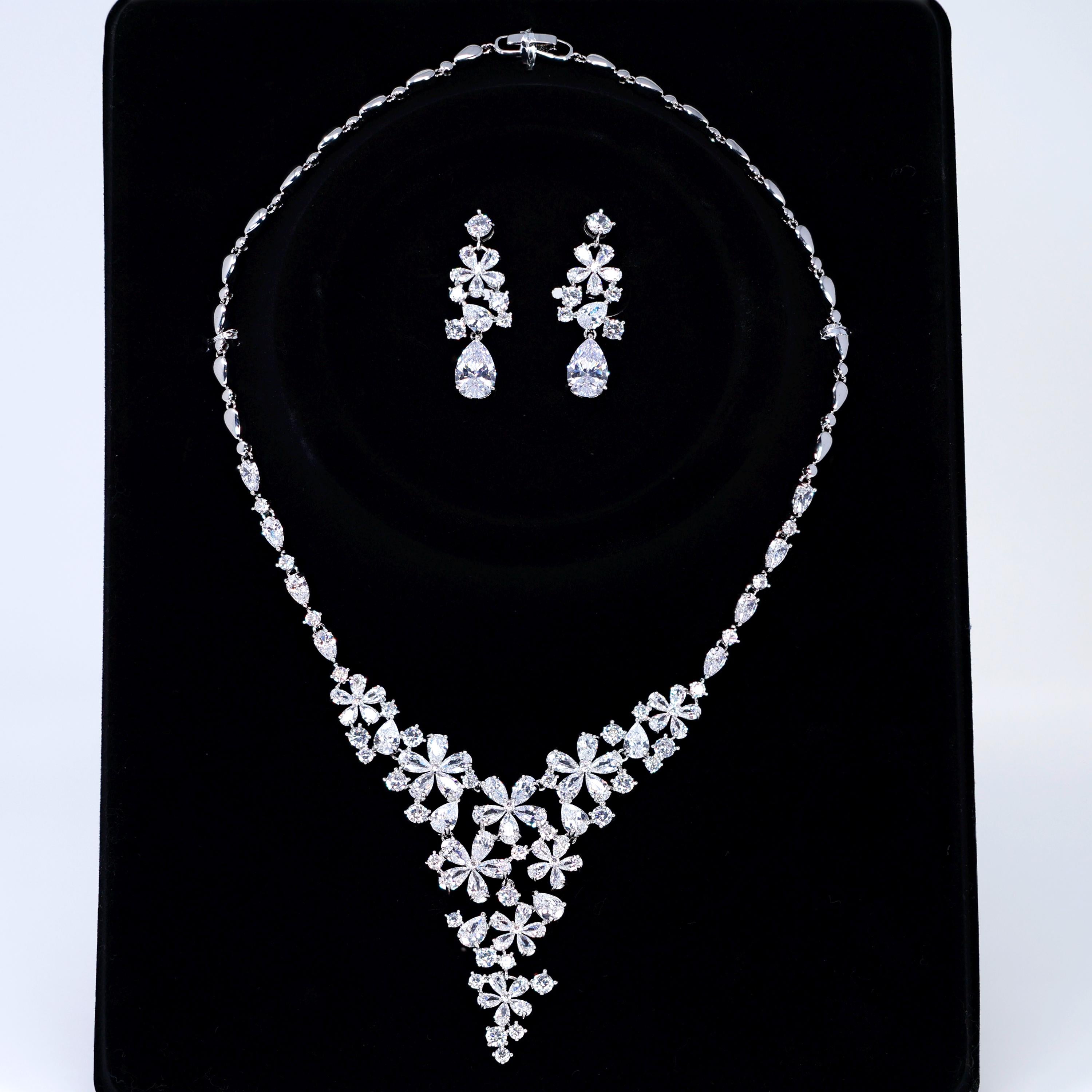 CZ Floral Wishes in a Crystal Dawn Necklace, Long Bridal Jewelry, Bridal Earrings And Necklace, Statement Earrings Cz Necklace Set.