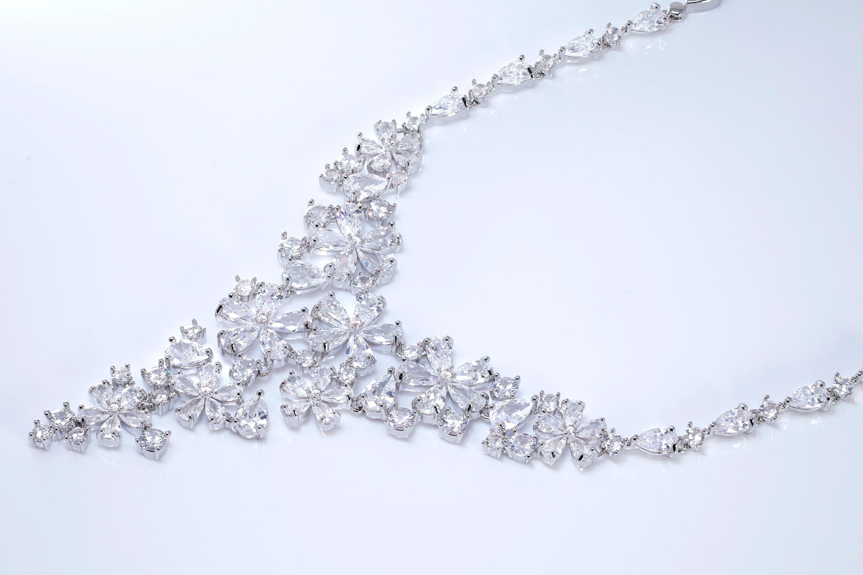 CZ Floral Wishes in a Crystal Dawn Necklace, Long Bridal Jewelry, Bridal Earrings And Necklace, Statement Earrings Cz Necklace Set.