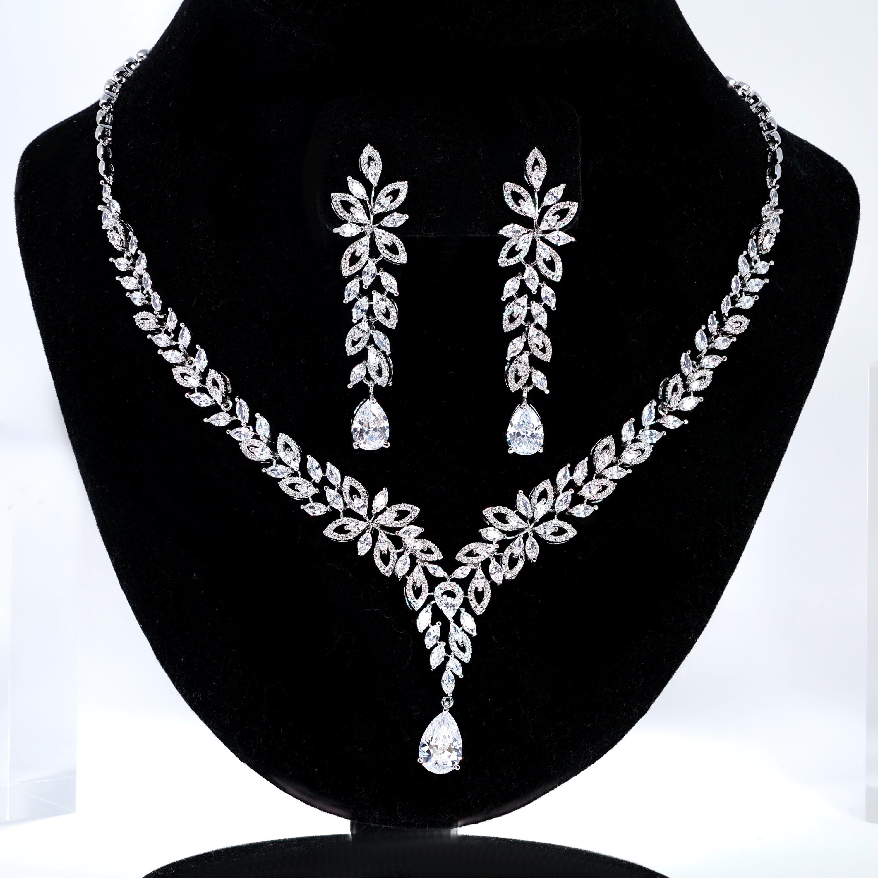 CZ The Bride’s Song in Silver Petals Necklace, Long Bridal Jewelry, Bridal Earrings And Necklace, Statement Earrings CZ Necklace Set.