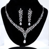 CZ The Bride’s Song in Silver Petals Necklace, Long Bridal Jewelry, Bridal Earrings And Necklace, Statement Earrings CZ Necklace Set.