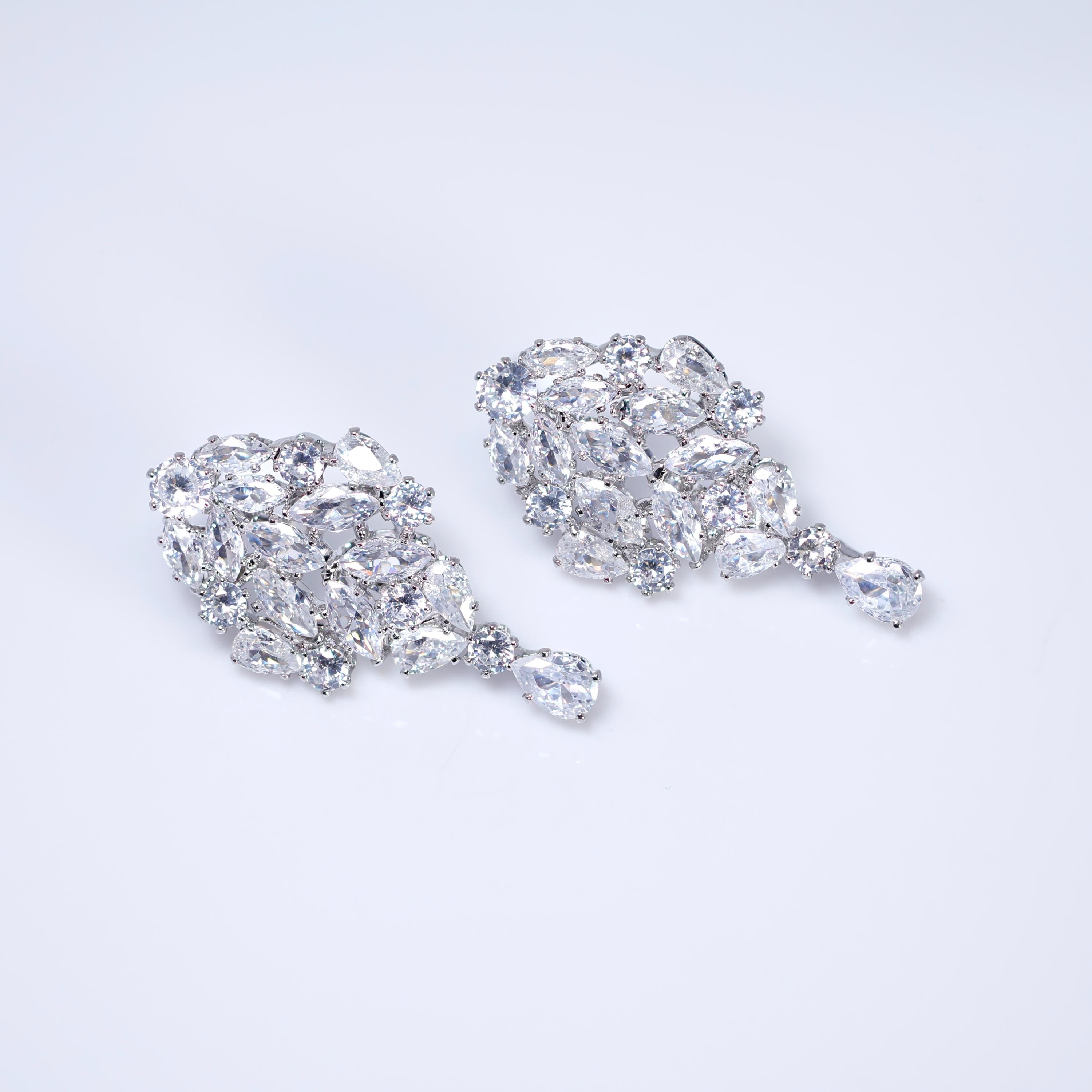CZ Diamond Gardenia Necklace and Earrings Set, Long Bridal Earrings And Necklace, Statement Earrings Cz Necklace Set.