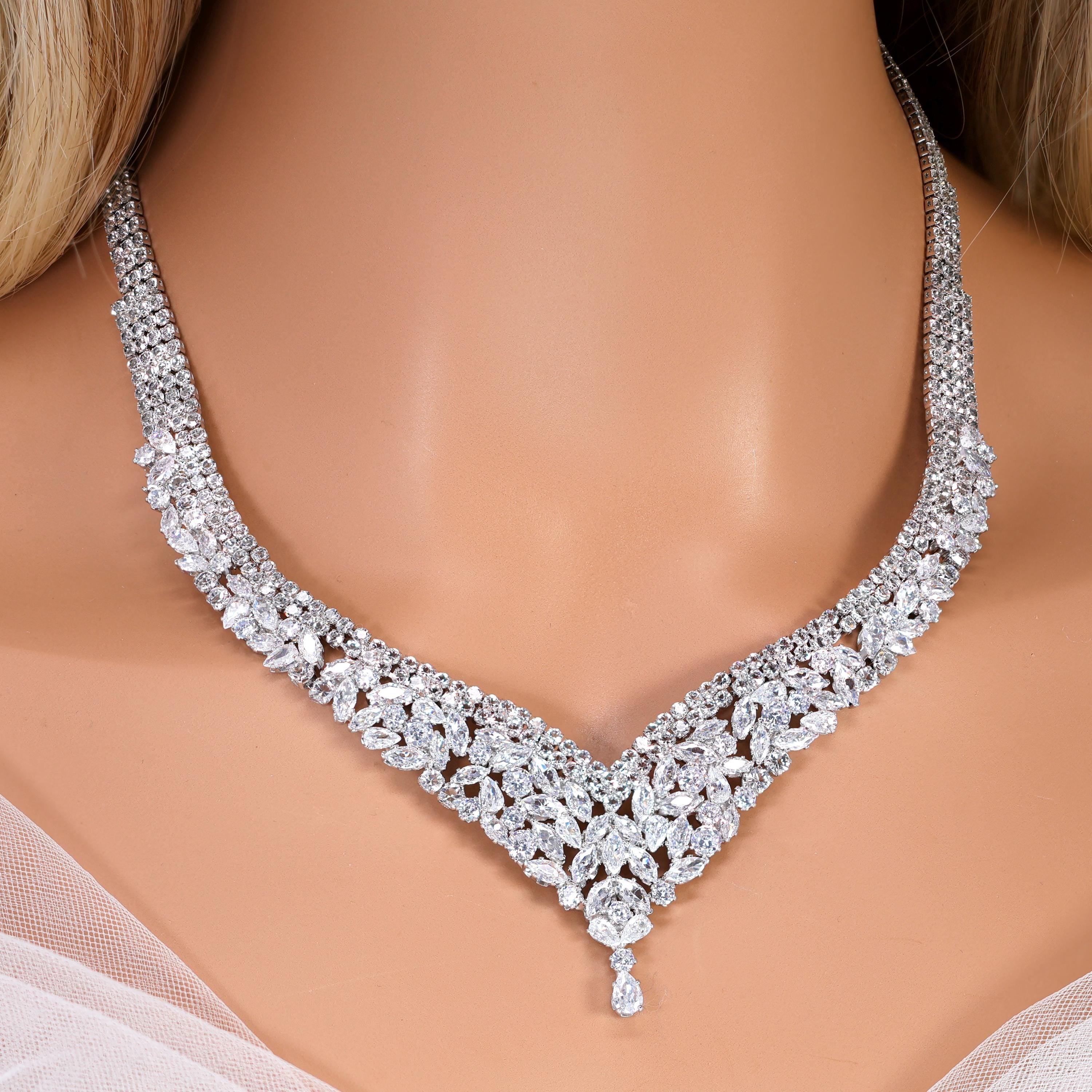 CZ Diamond Gardenia Necklace and Earrings Set, Long Bridal Earrings And Necklace, Statement Earrings Cz Necklace Set.