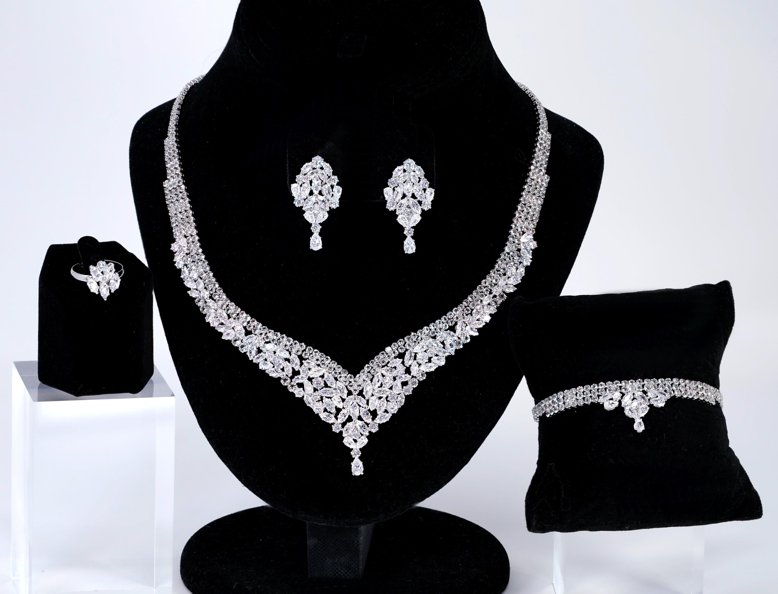 CZ Diamond Gardenia Necklace and Earrings Set, Long Bridal Earrings And Necklace, Statement Earrings Cz Necklace Set.