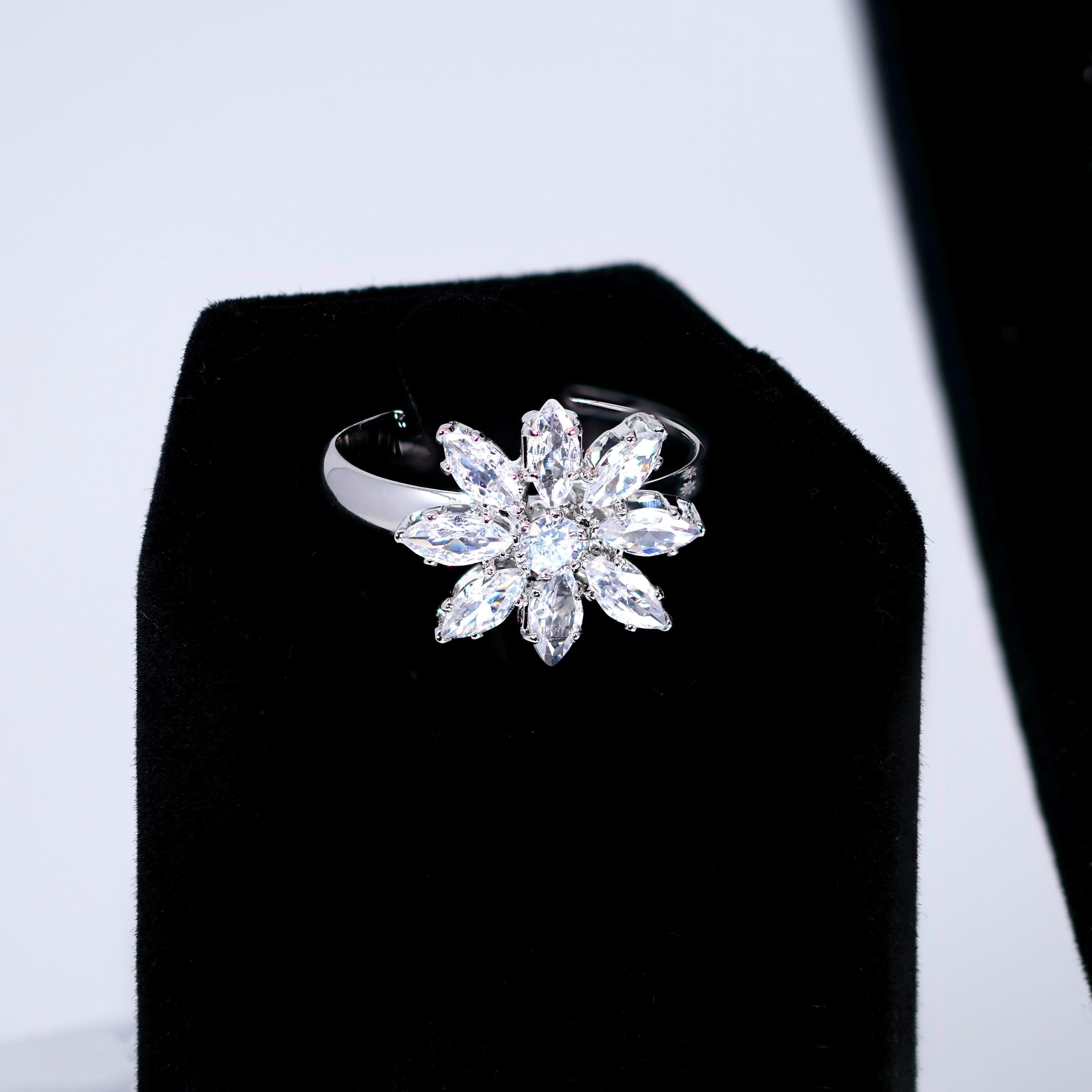CZ Diamond Snowflower Elegance Jewelry Set, Long Bridal Earrings, Bracelet, Ring And Necklace, Statement Earrings Cz Necklace Set.