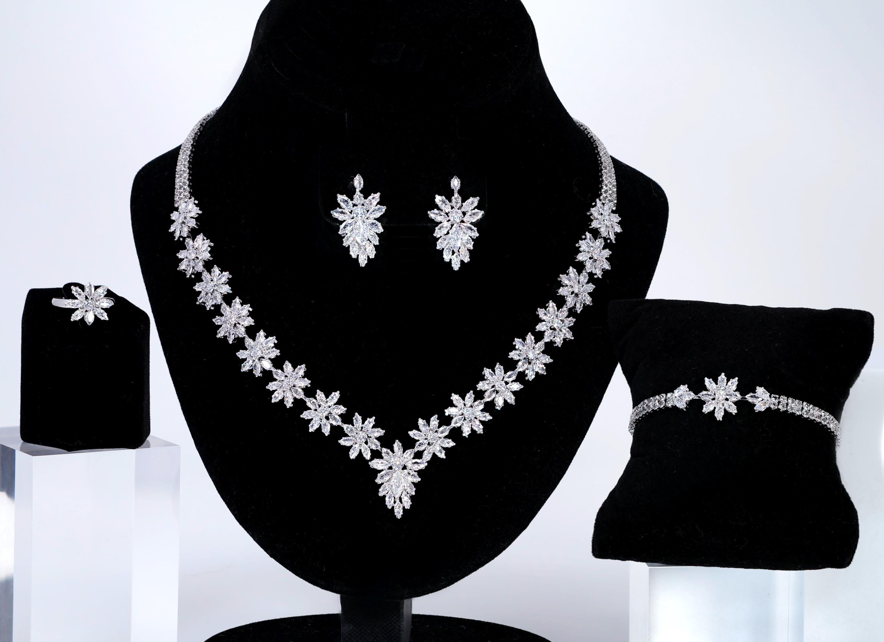 CZ Diamond Snowflower Elegance Jewelry Set, Long Bridal Earrings, Bracelet, Ring And Necklace, Statement Earrings Cz Necklace Set.