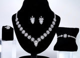 CZ Diamond Snowflower Elegance Jewelry Set, Long Bridal Earrings, Bracelet, Ring And Necklace, Statement Earrings Cz Necklace Set.
