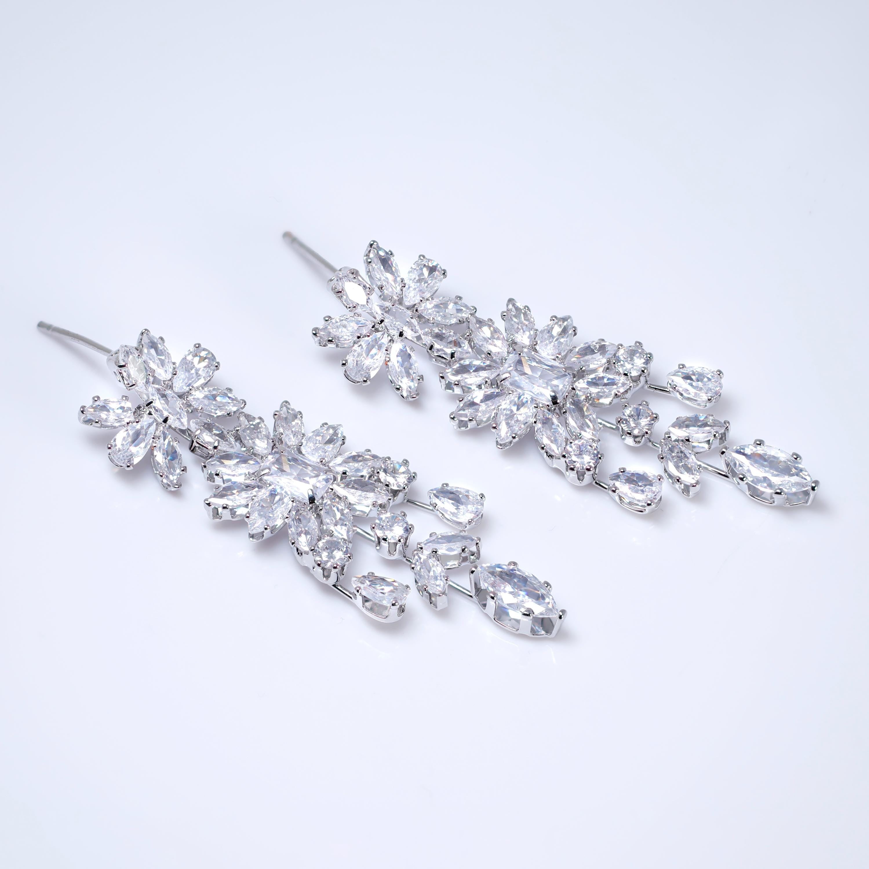 CZ Diamond Garden of Queen's Glory Jewelry Set, Long Bridal Earrings, Bracelet, Ring And Necklace, Statement Earrings Cz Necklace Set.
