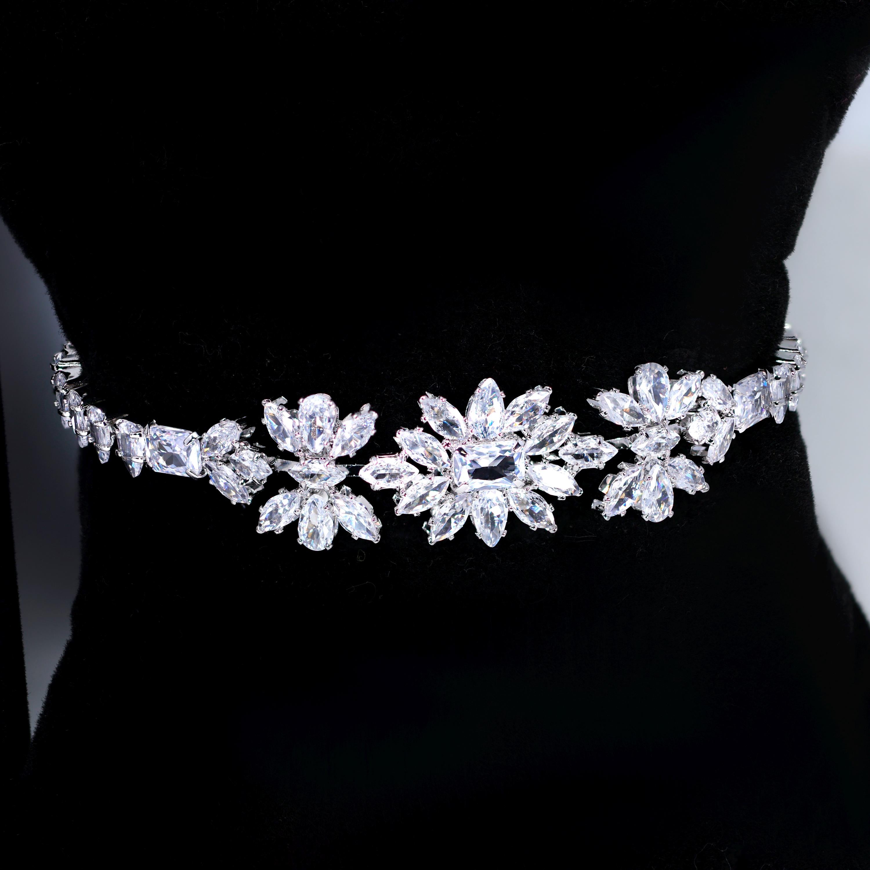 CZ Diamond Garden of Queen's Glory Jewelry Set, Long Bridal Earrings, Bracelet, Ring And Necklace, Statement Earrings Cz Necklace Set.