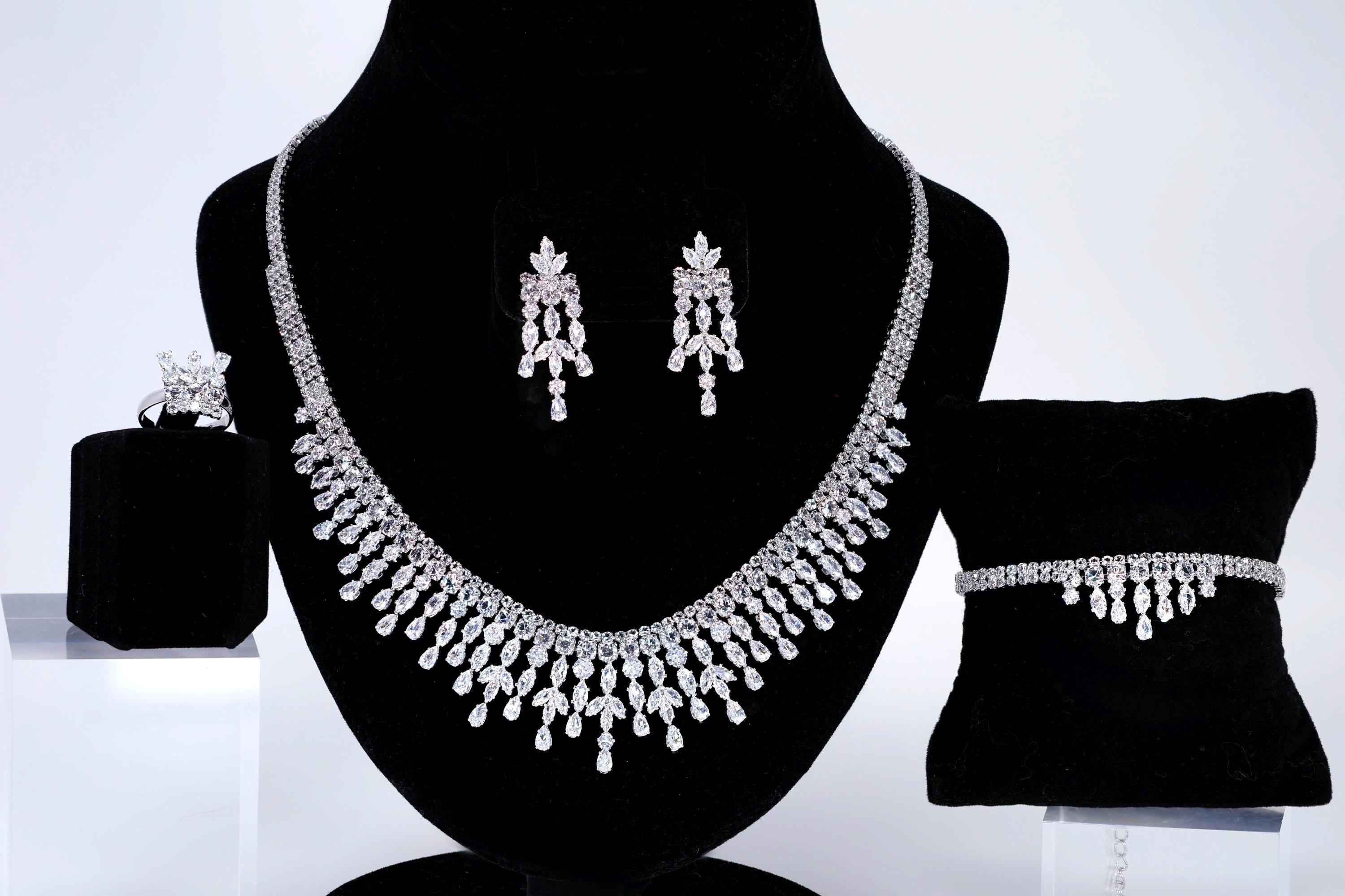 CZ Diamond Fountain of Elegance Jewelry Set, Long Bridal Earrings, Bracelet, Ring And Necklace, Statement Earrings Cz Necklace Set.