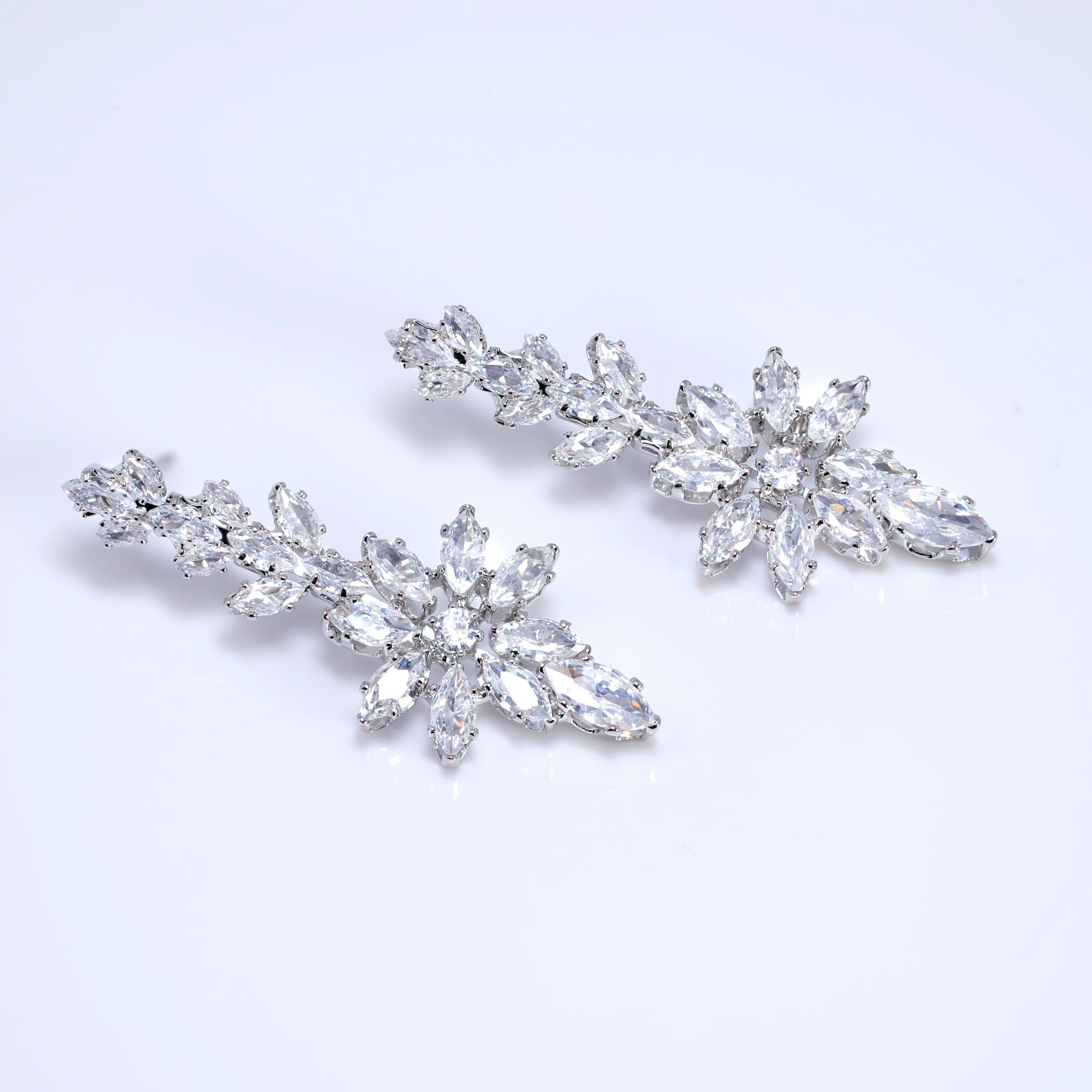 CZ Diamond Verdant Grace Jewelry Set, Long Bridal Earrings, Bracelet, Ring And Necklace, Statement Earrings Cz Necklace Set.