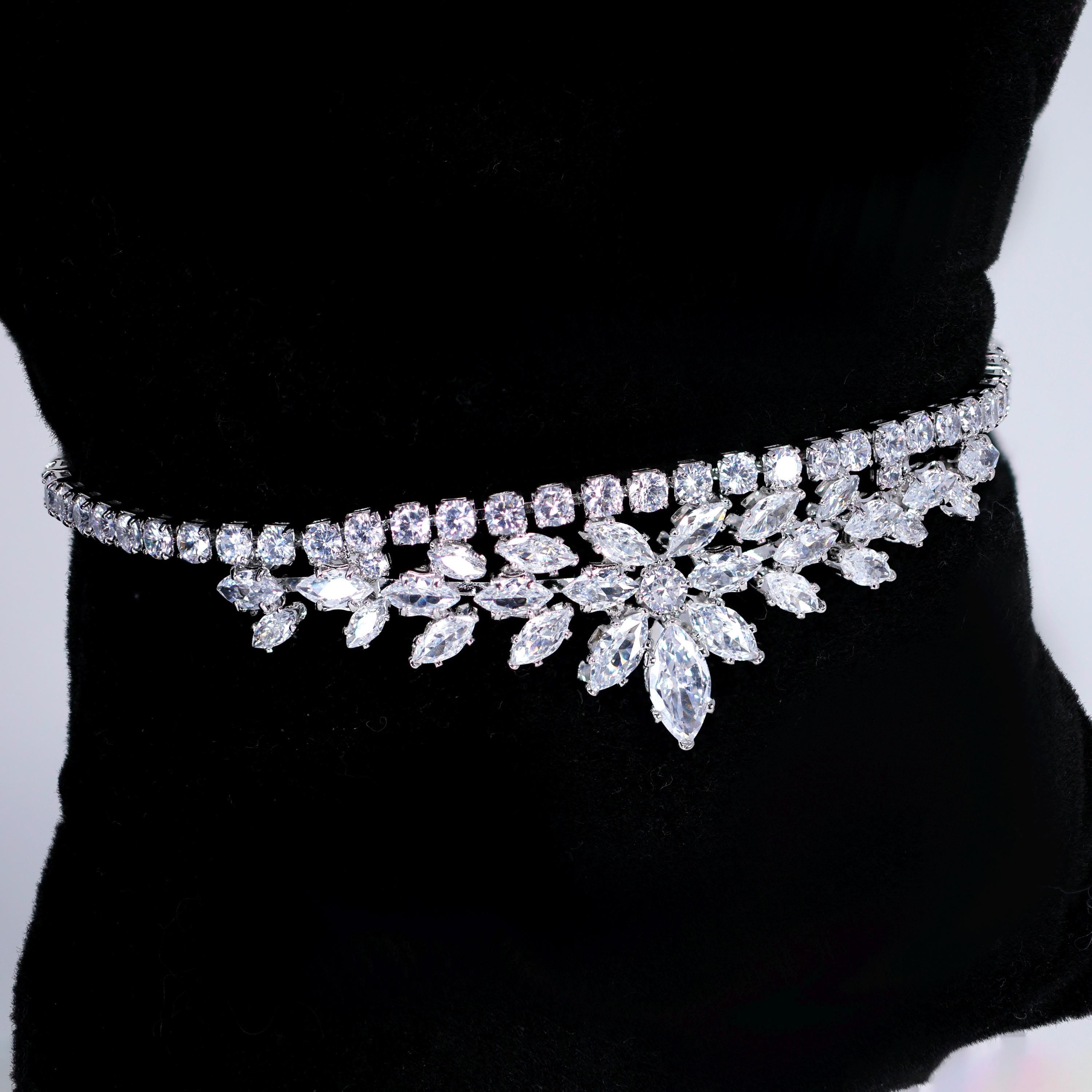 CZ Diamond Verdant Grace Jewelry Set, Long Bridal Earrings, Bracelet, Ring And Necklace, Statement Earrings Cz Necklace Set.
