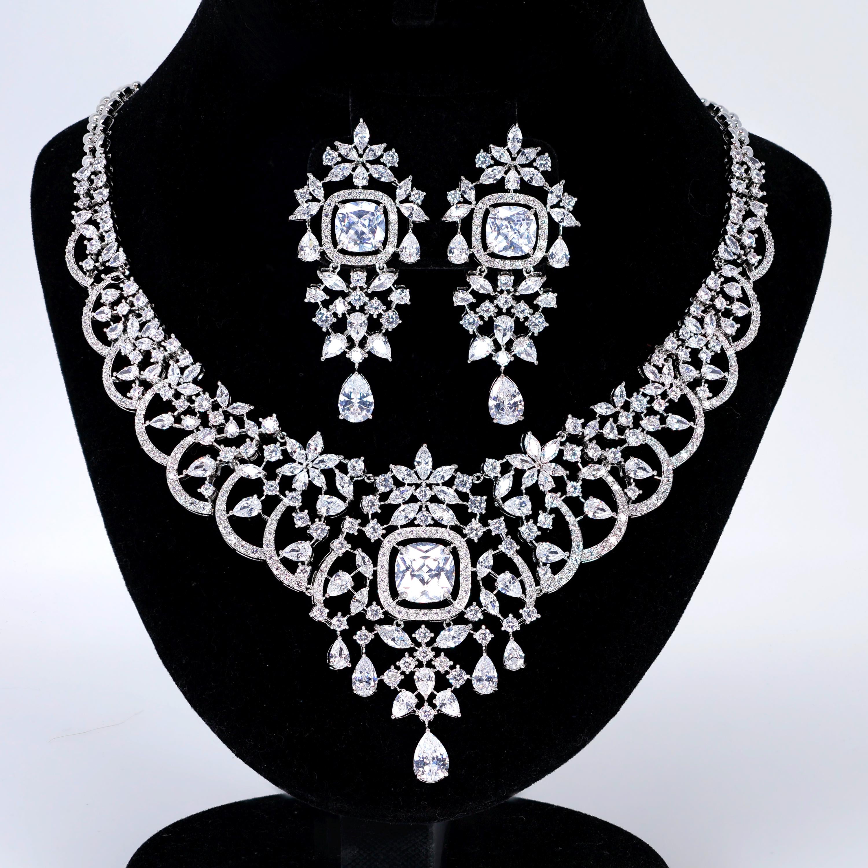 CZ Diamond Queen’s Legacy Set Jewelry Set, Long Bridal Earrings, Bracelet, Ring And Necklace, Statement Earrings Cz Necklace Set.