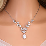 CZ Diamond Whispering Petals Jewelry Set, Long Bridal Earrings, Bracelet, Ring And Necklace, Statement Earrings Cz Necklace Set.