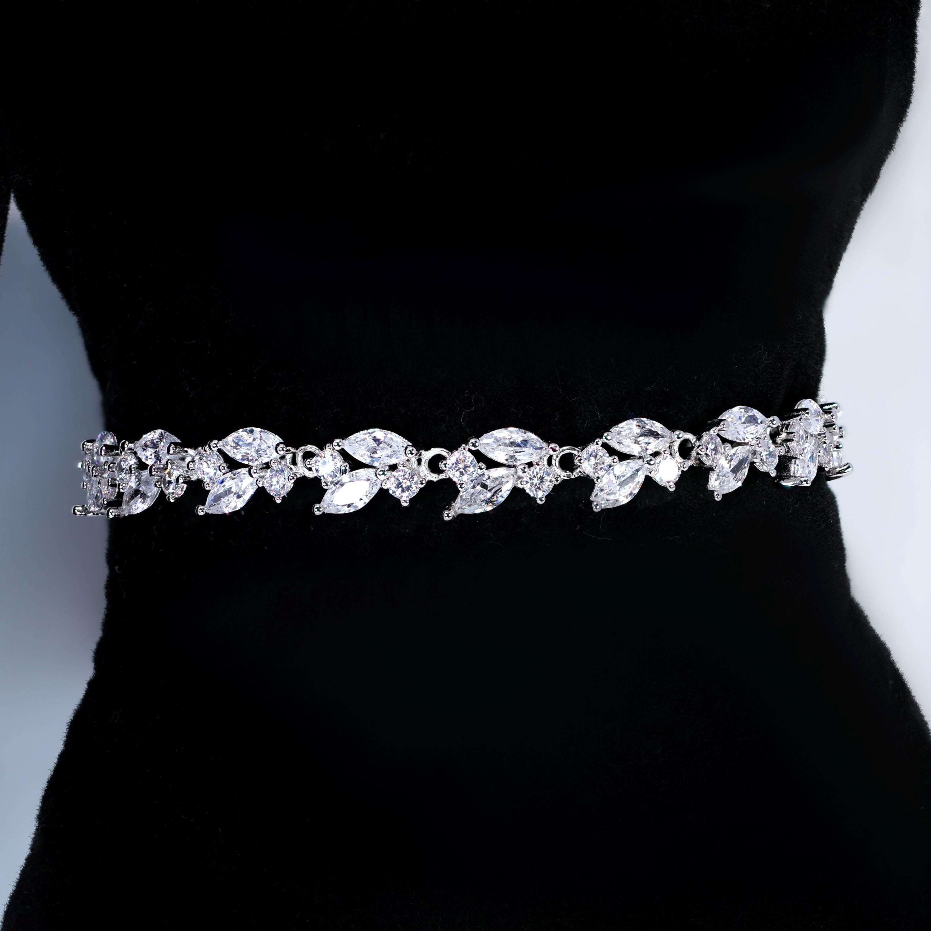 CZ Diamond Whispering Petals Jewelry Set, Long Bridal Earrings, Bracelet, Ring And Necklace, Statement Earrings Cz Necklace Set.