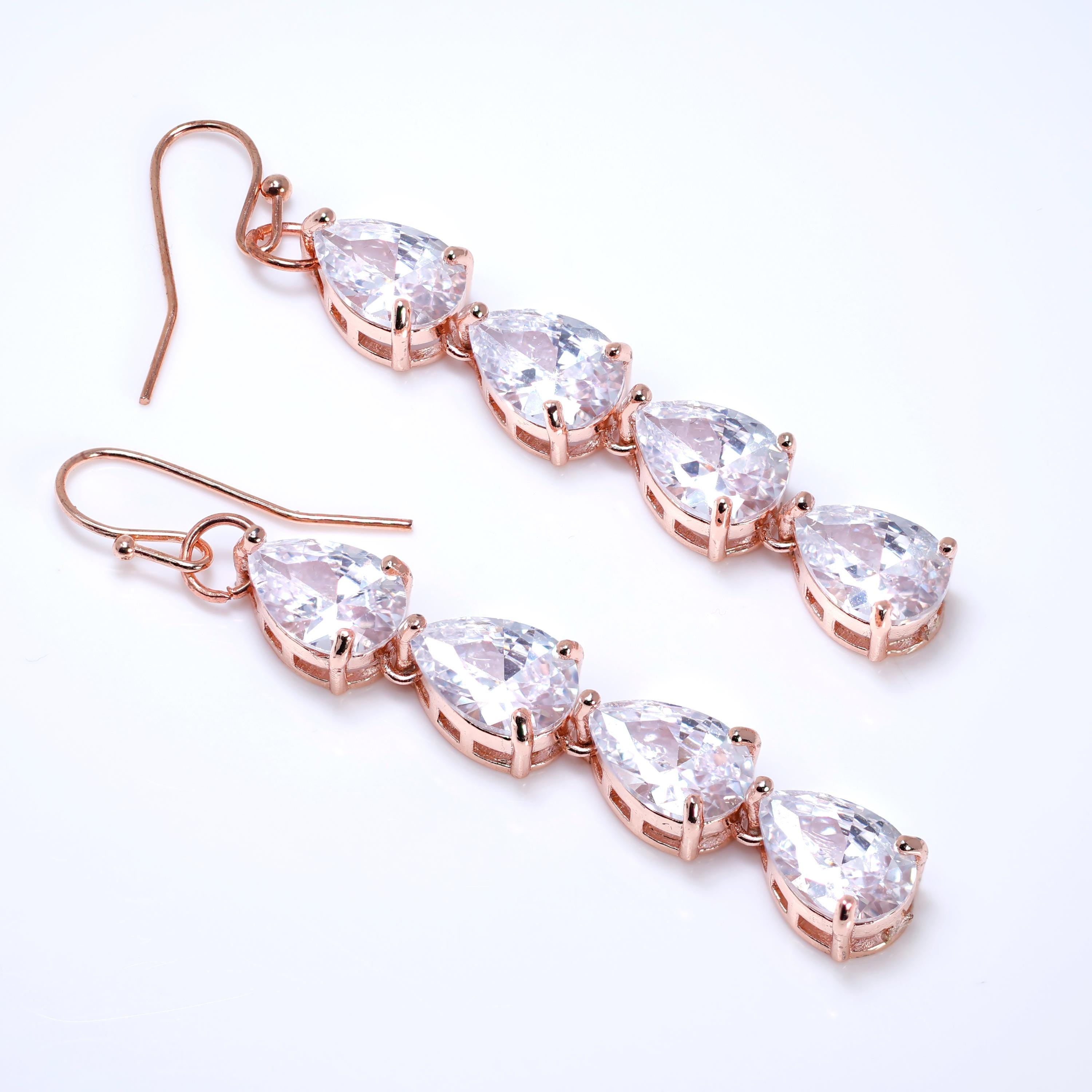 CZ Diamond Tear of Rose Set Jewelry Set, Rose Gold Long Bridal Earrings, Bracelet, Ring And Necklace, Statement Earrings Cz Necklace Set.