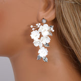 Swarovski Porcelain Ceramic White Sparkling Flower Crystal Magnolia Bridal Earrings, Long Bridal Jewelry, Statement Earrings Cz