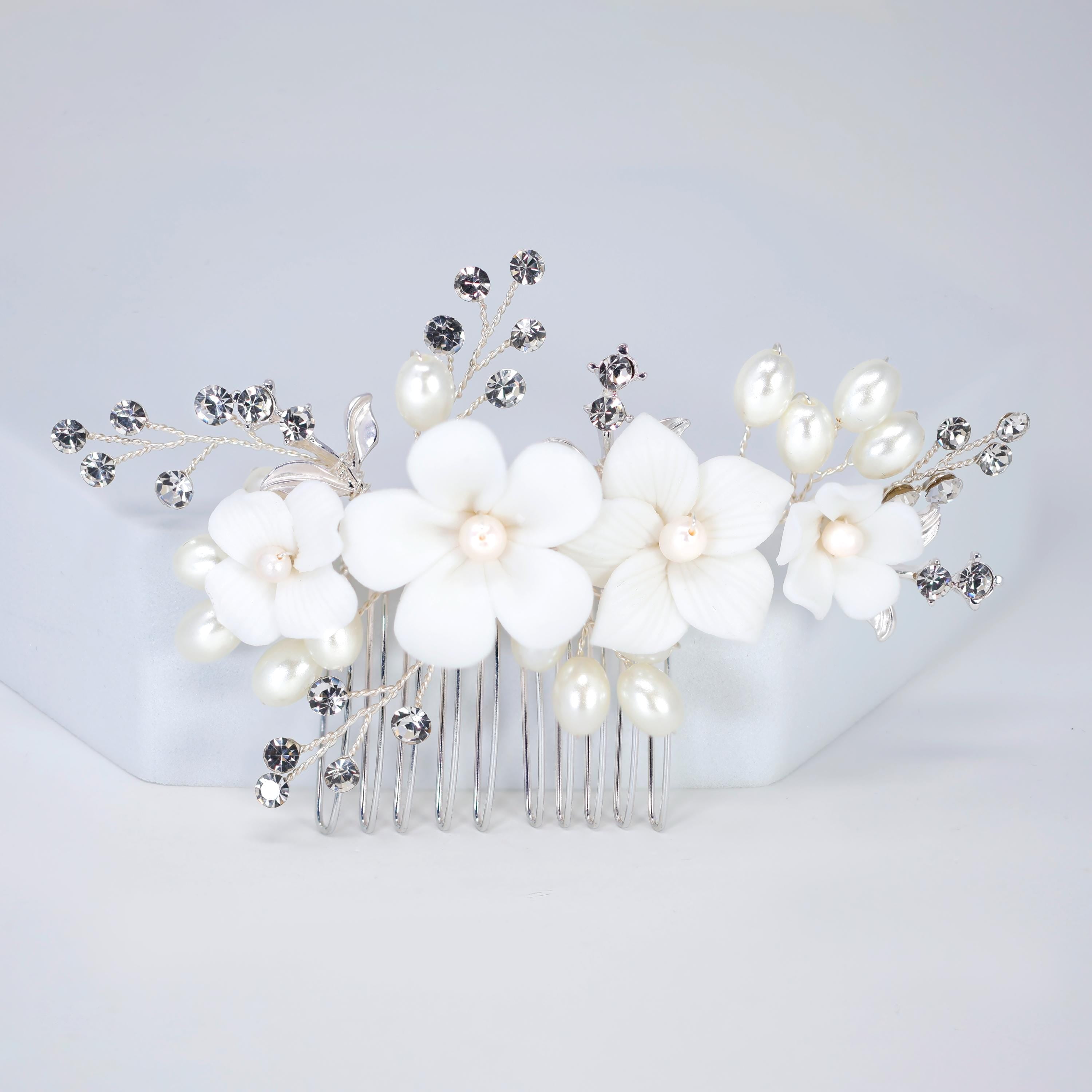 Crystals and Ceramic White flower Faux Pearl Ivory Starlight Hair comb, Bridal Hair piece, Bridal Hair Accessories, Wedding Hair Accessory.