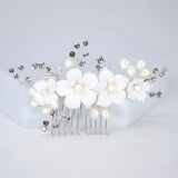 Crystals and Ceramic White flower Faux Pearl Ivory Starlight Hair comb, Bridal Hair piece, Bridal Hair Accessories, Wedding Hair Accessory.