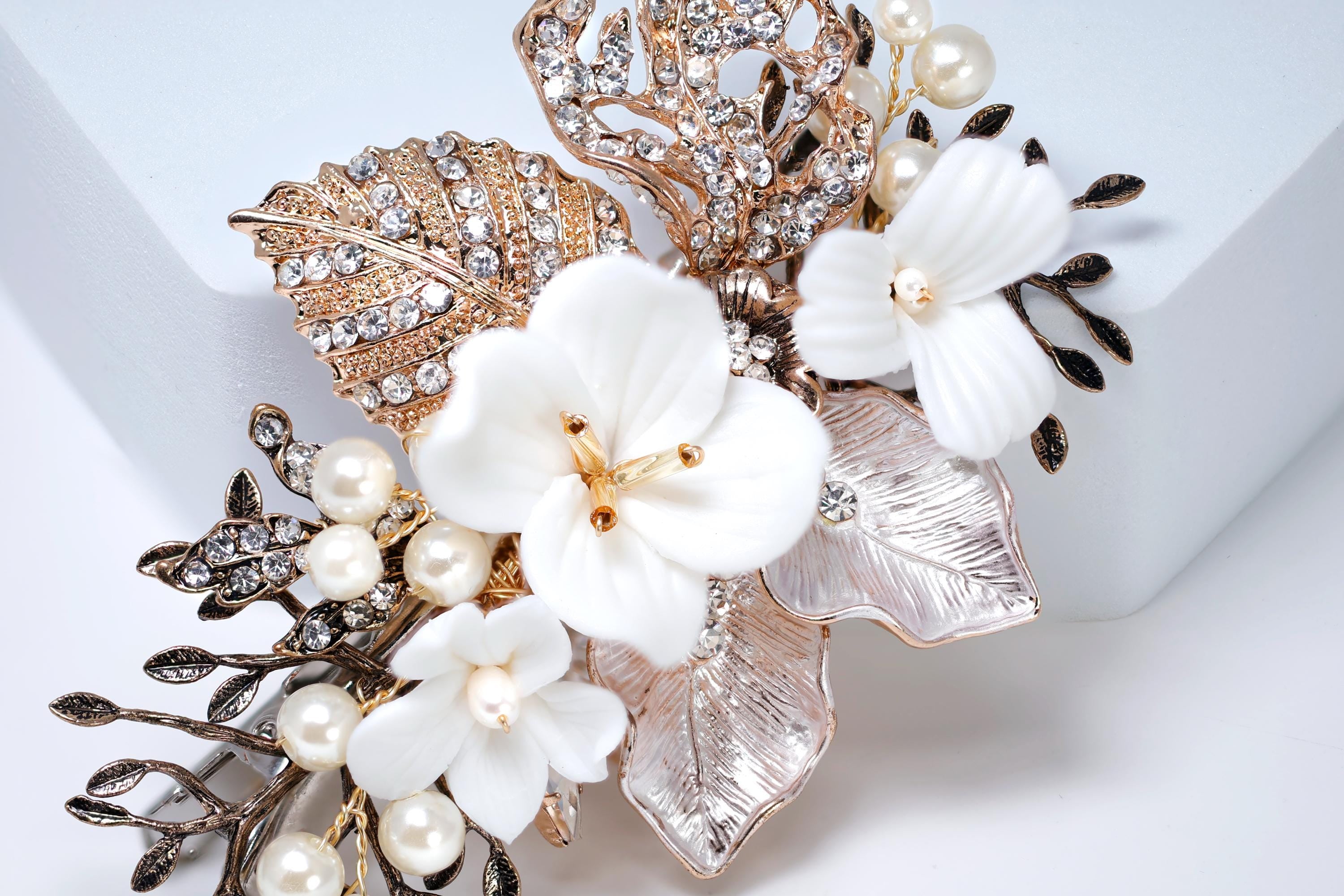Swarovski Crystal Porcelain White Flower Heirloom Grace Bridal Hair Clip, Bridesmaid Gift, Wedding Hair Accessory.