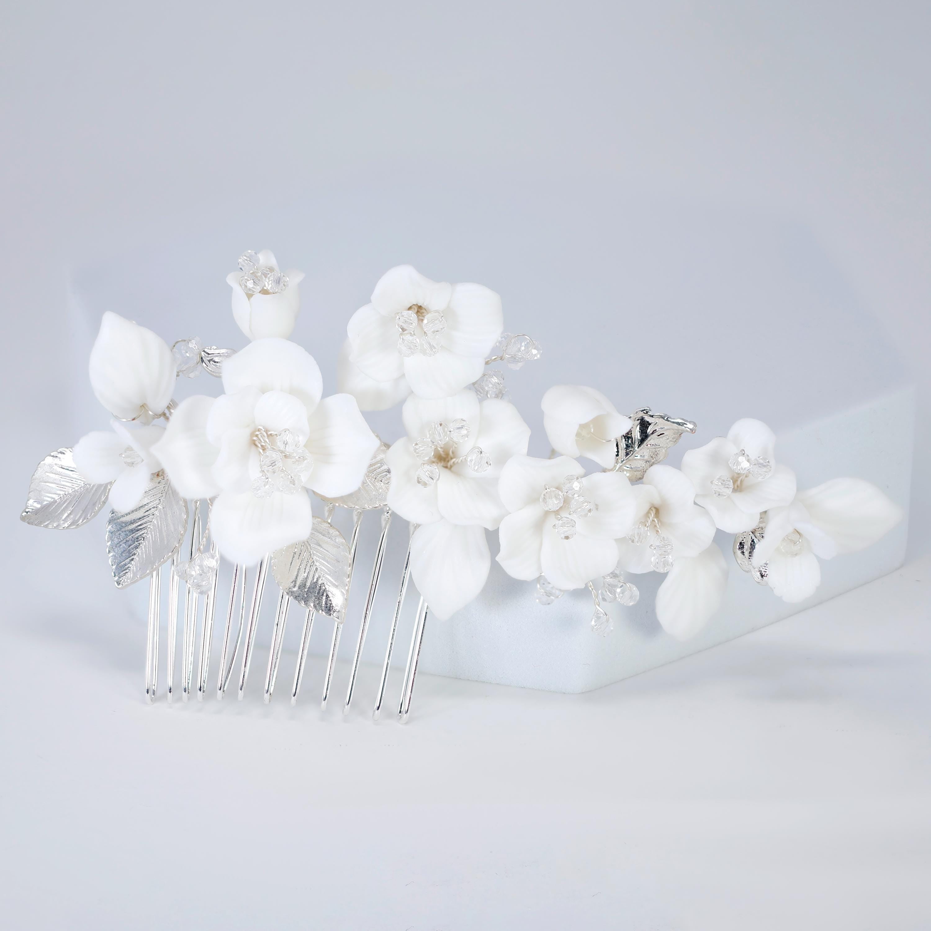 Ceramic White Flowers Seraphina Rose Comb Hair comb, Bridal Gold Finish Hair Piece, Bridal Hair Accessories, Wedding Hair Accessory.