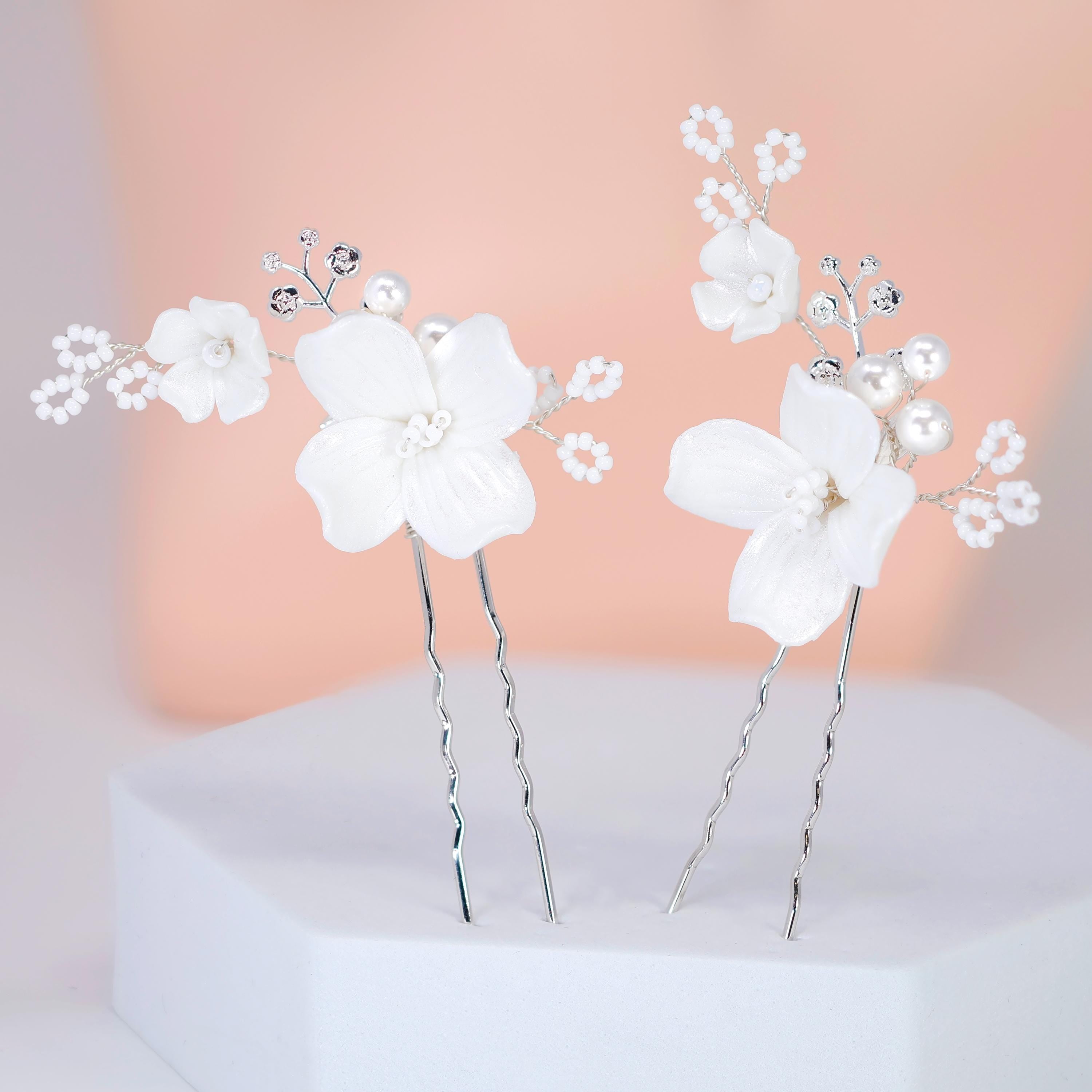 Porcelain White Floral Vine Shimmering Winter Lily Hair Pins Set of 2 , Ceramic Hair pins Set, Bridal Hair Accessories