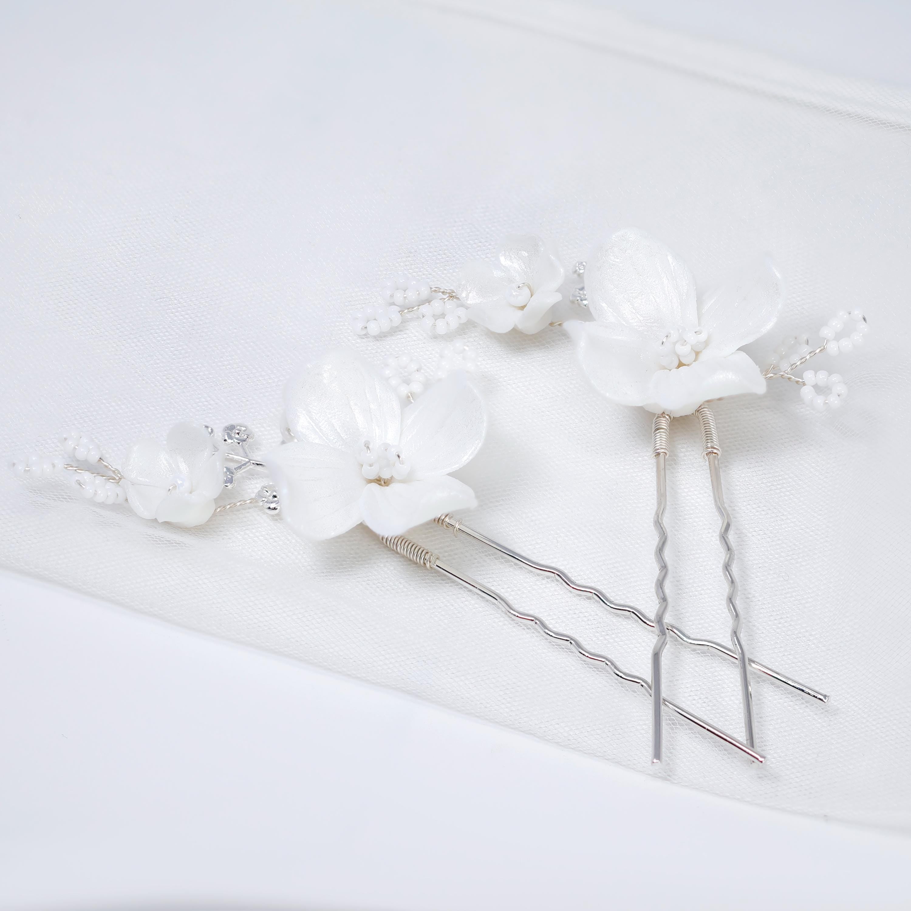 Porcelain White Floral Vine Shimmering Winter Lily Hair Pins Set of 2 , Ceramic Hair pins Set, Bridal Hair Accessories