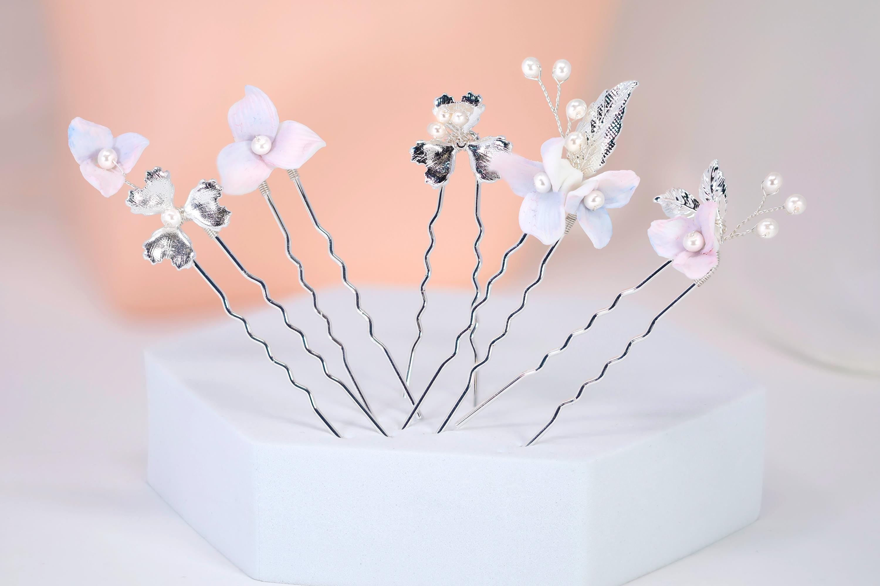 Porcelain Floral Set Of 5 Faux Pearl Lavender Poise Hair Pins Set , Ceramic Hair pins Set, Bridal Hair Accessories