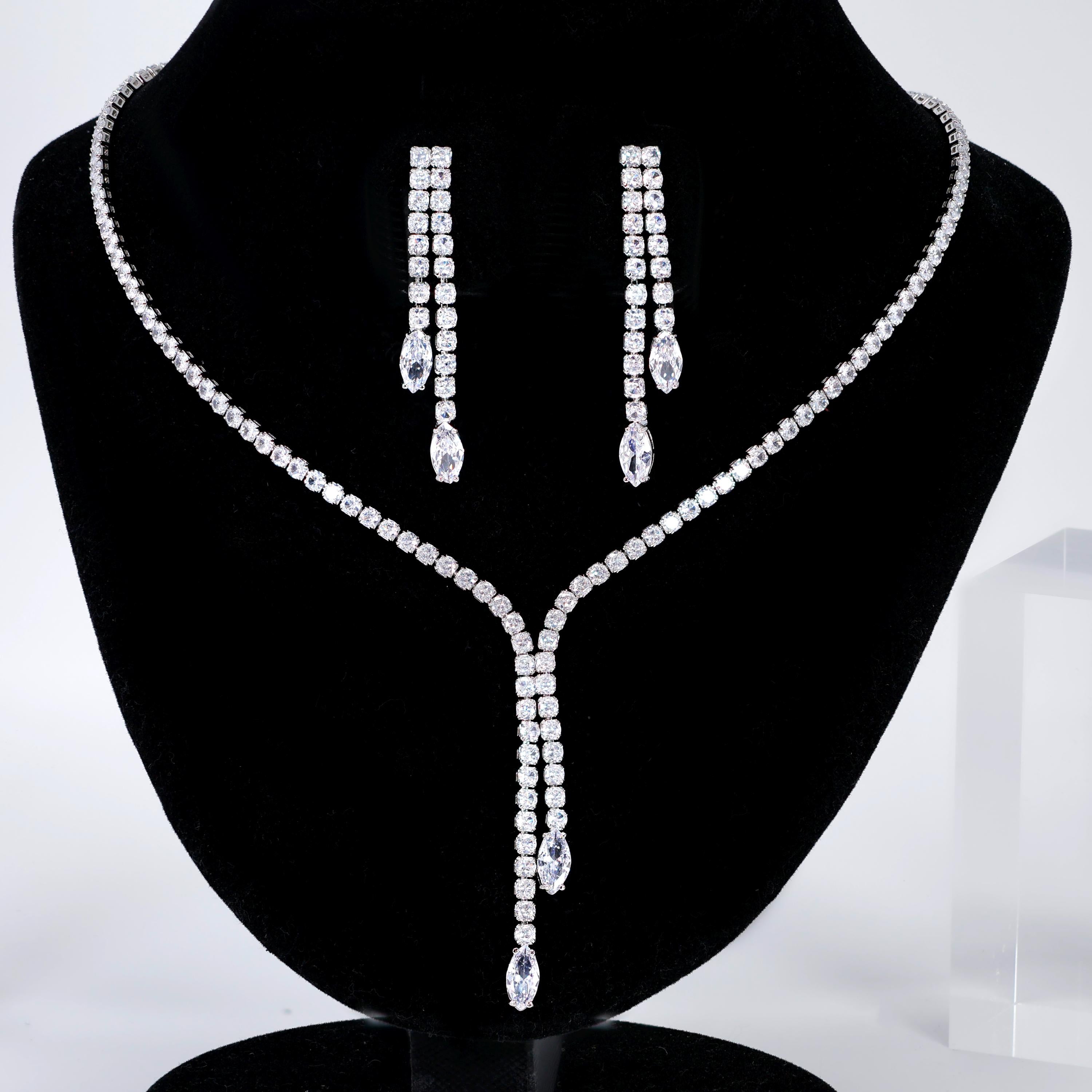 CZ Dainty Crystal Empress Necklace and Earrings Set, Long Bridal Earrings And Necklace, Statement Earrings Cz Necklace Set.