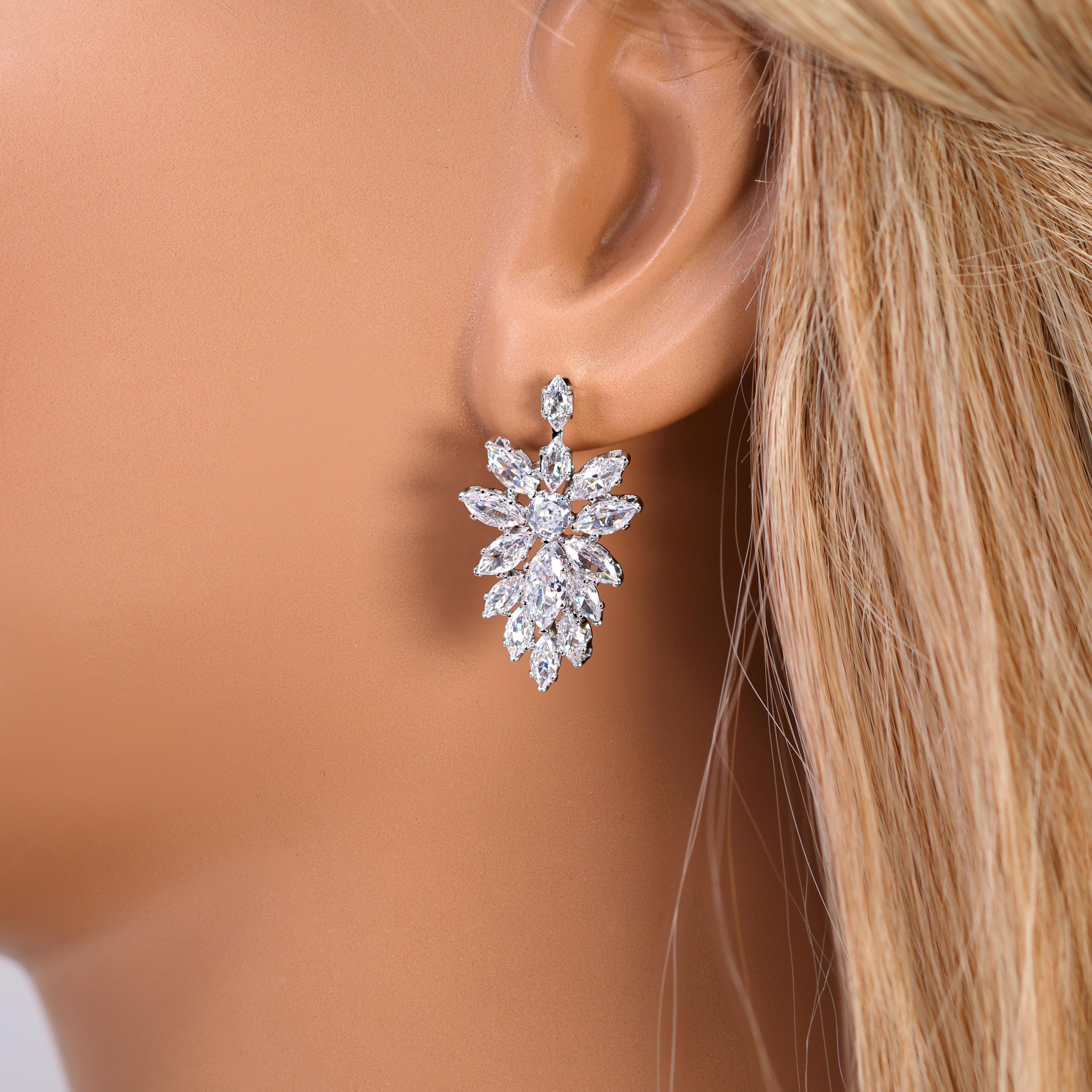 CZ Diamond Snowflower Elegance Jewelry Set, Long Bridal Earrings, Bracelet, Ring And Necklace, Statement Earrings Cz Necklace Set.